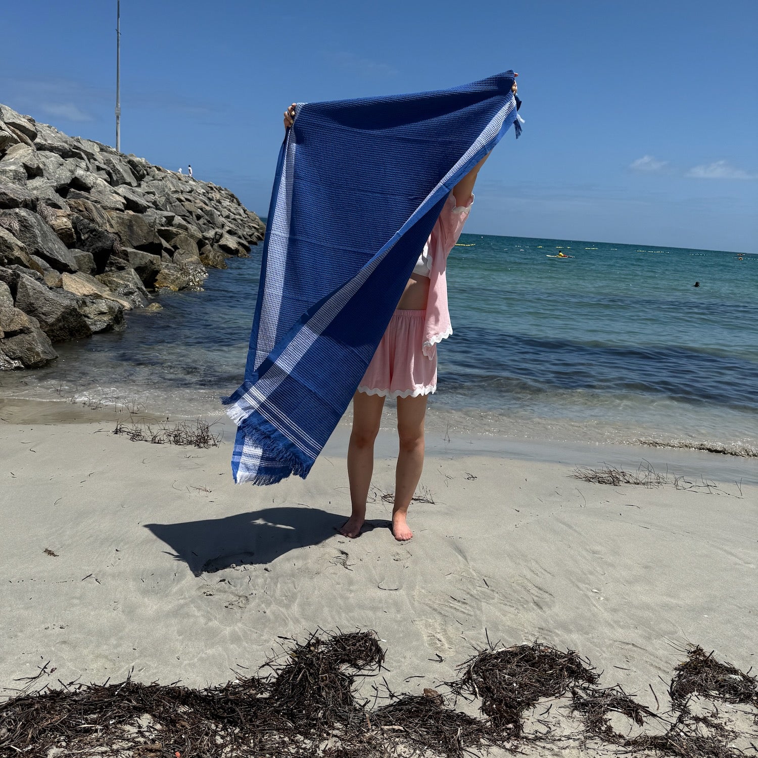 Navy Border Waffle Towel