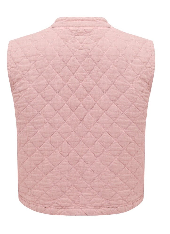 Back of pink quilted vest on a white background