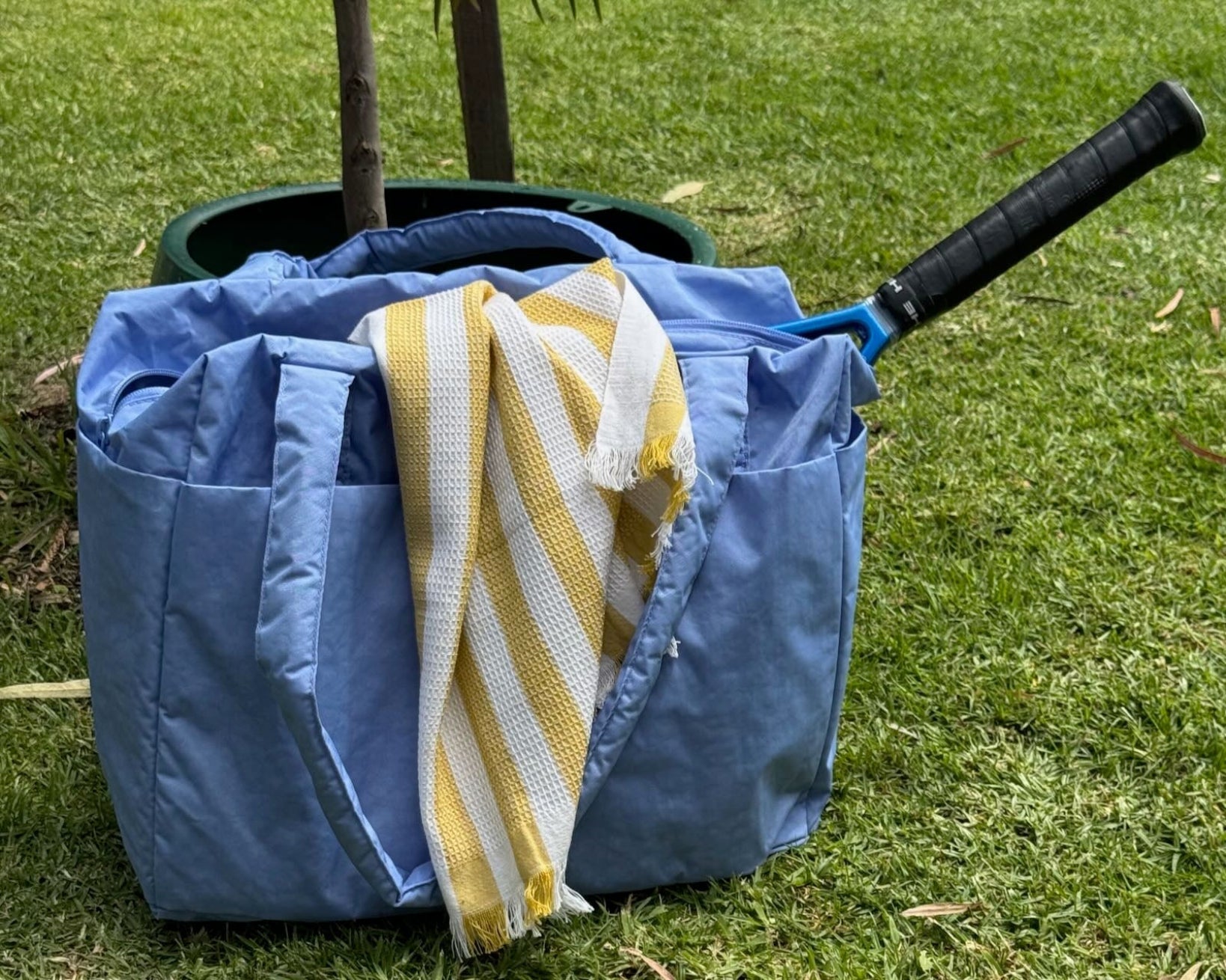 Yellow and white stripe Small Waffle Cotton Hand Towel and blue duffle bag with tennis racquet - ANNIE.G