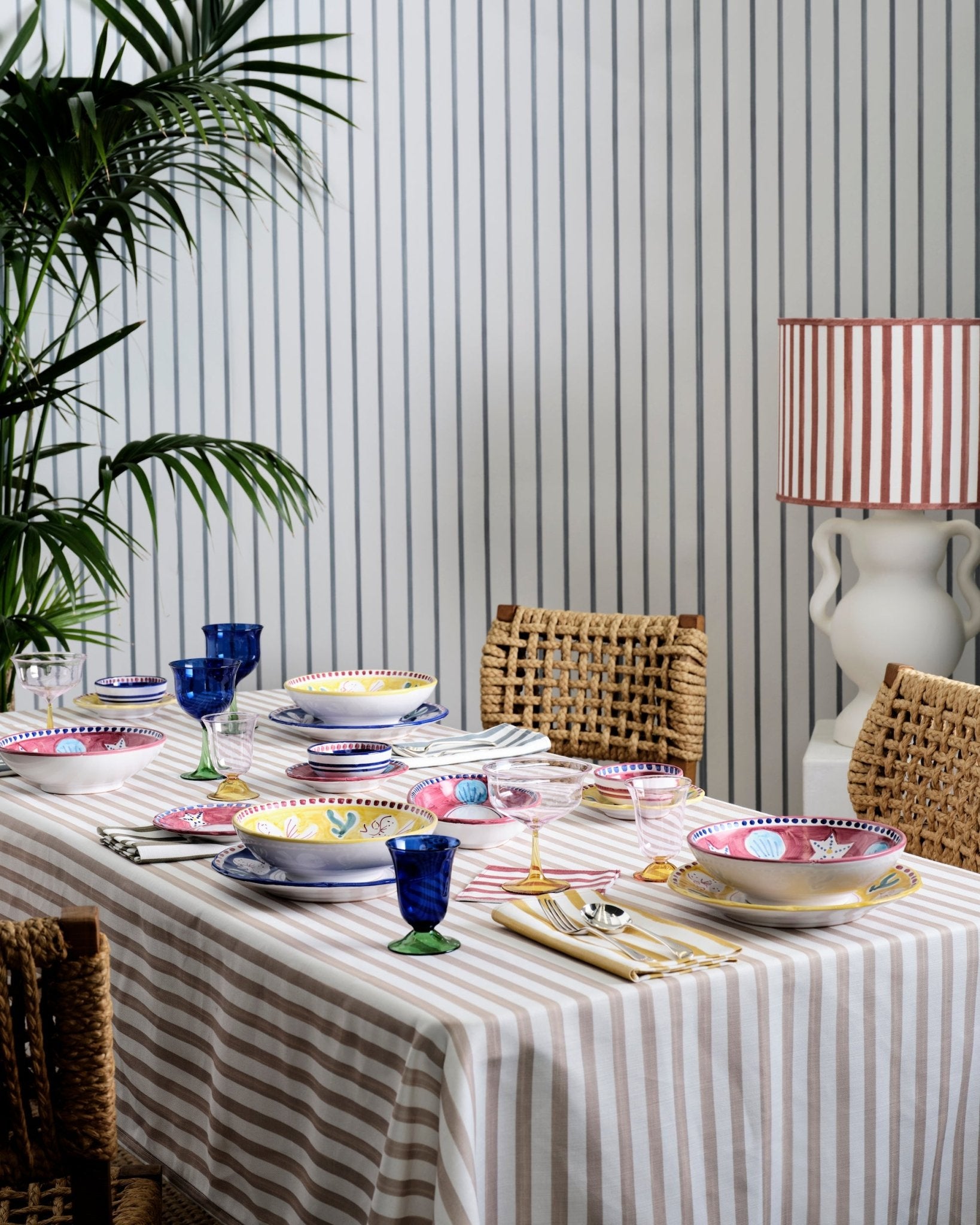 Natural Striped Tablecloth on table with napkins and table setting - ANNIE.G