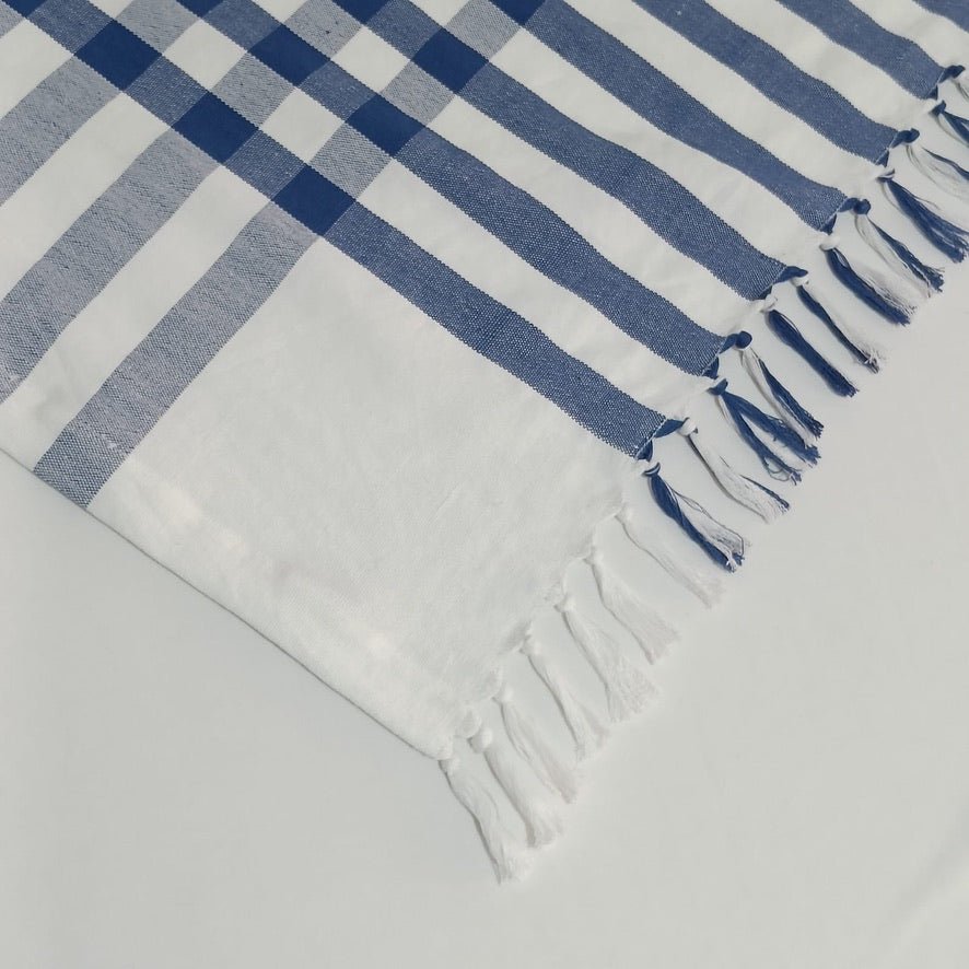 Tablecloth Coastline Check in True Blue with hand knotted fringe - ANNIE.G