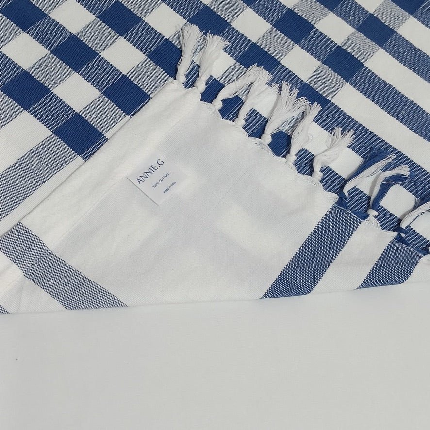 Blue and white checked tablecloth with hand knotted fringe - ANNIE.G
