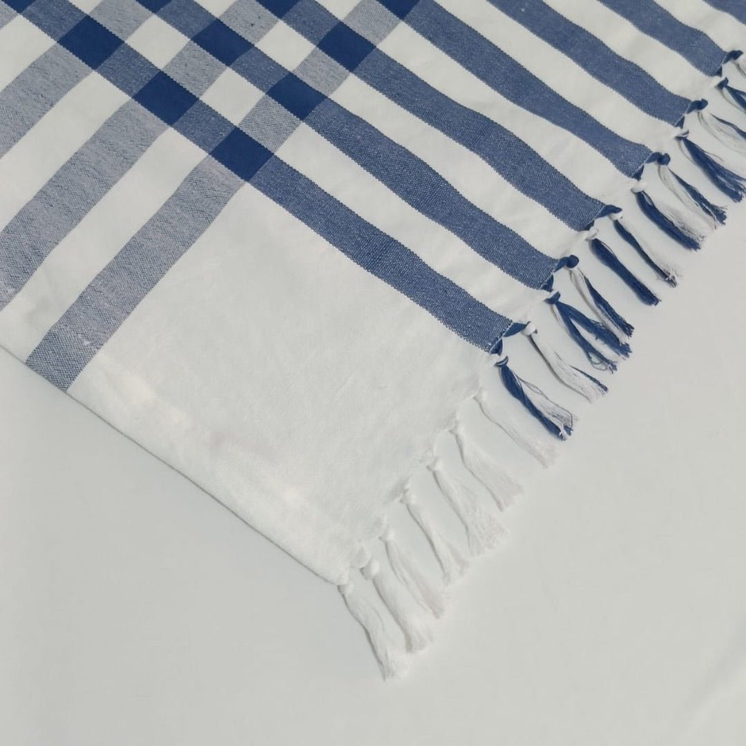 Rectangular cotton tablecloth in True Blue and white checked pattern with hand knotted fringe - ANNIE.G