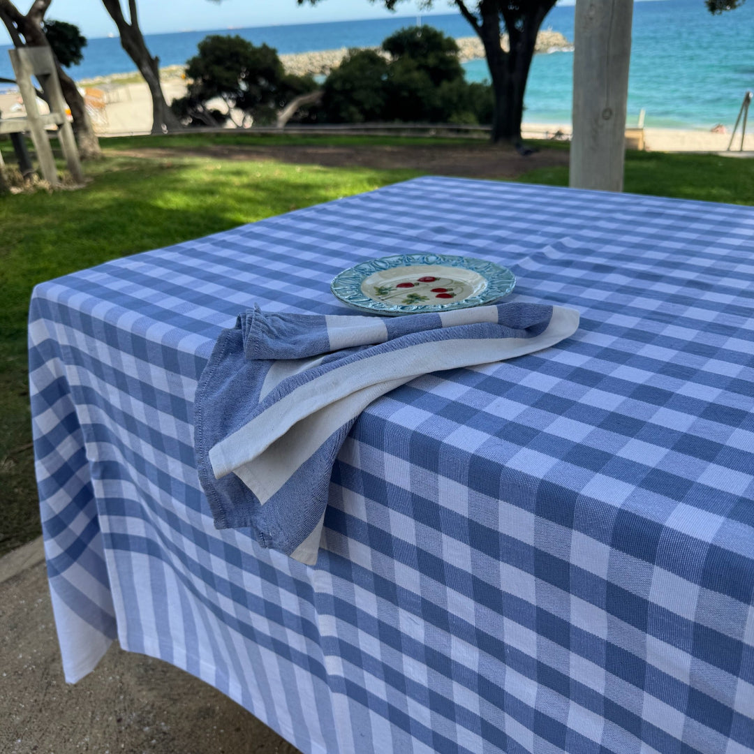 Hemmed edge of light blue checked tablecloth of a picnic table at beach with tea towel and plate  - ANNIE.G
