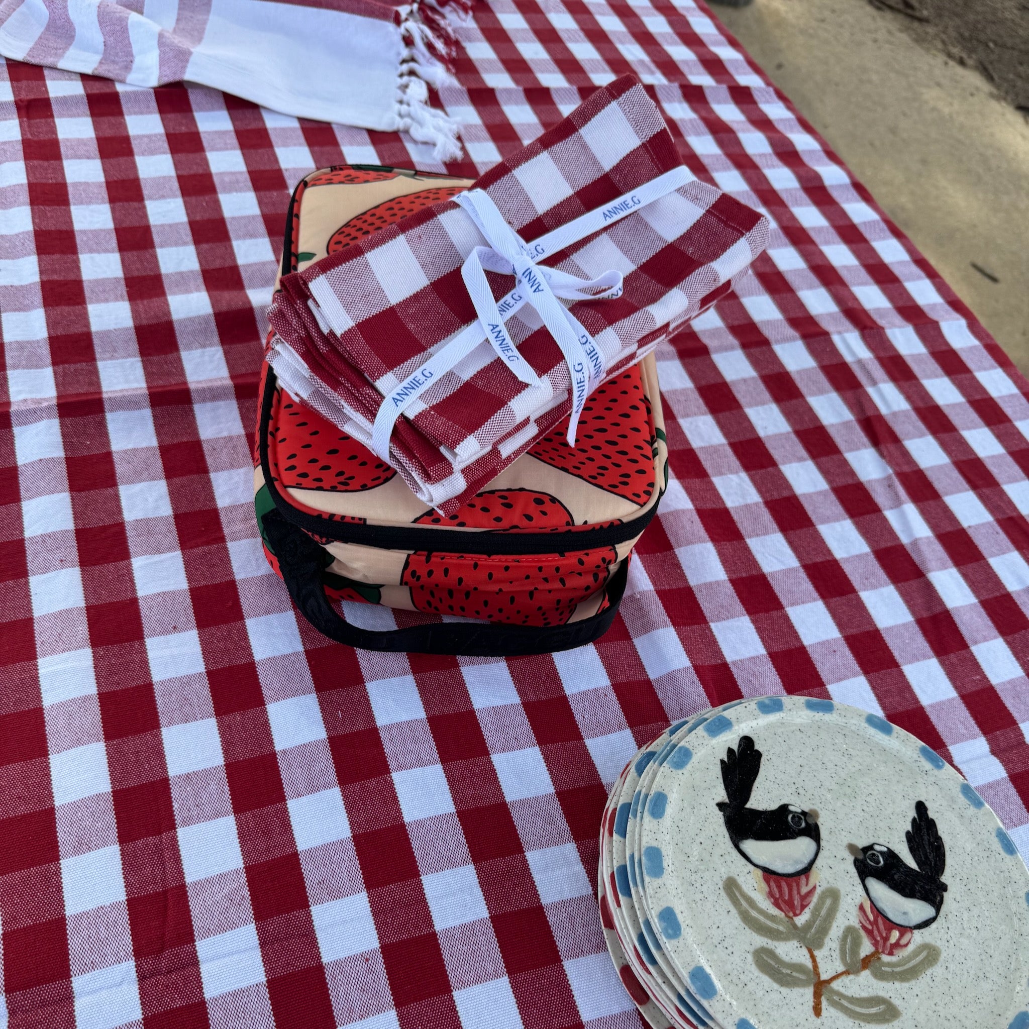 plates-red-coastline-napkins-and-strawberry-lunch-box-on-red-gingham-coastline-check-tablecloth-hand-knotted-edge-at-outside-picnic