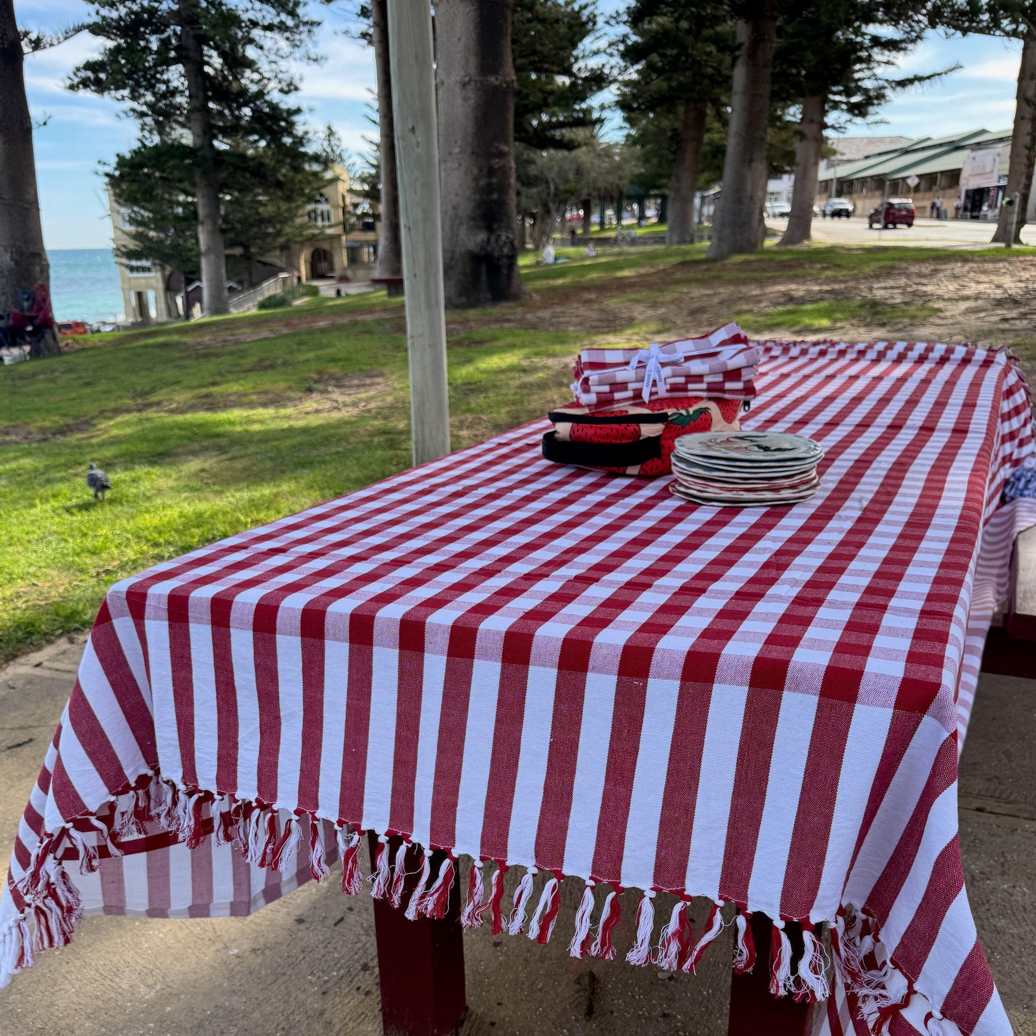 red-coastline-check-hand-knotted-tablecloth-on-picnic-table-with-plates-lunch-box-and-napkins-on-top-outside-at-beach