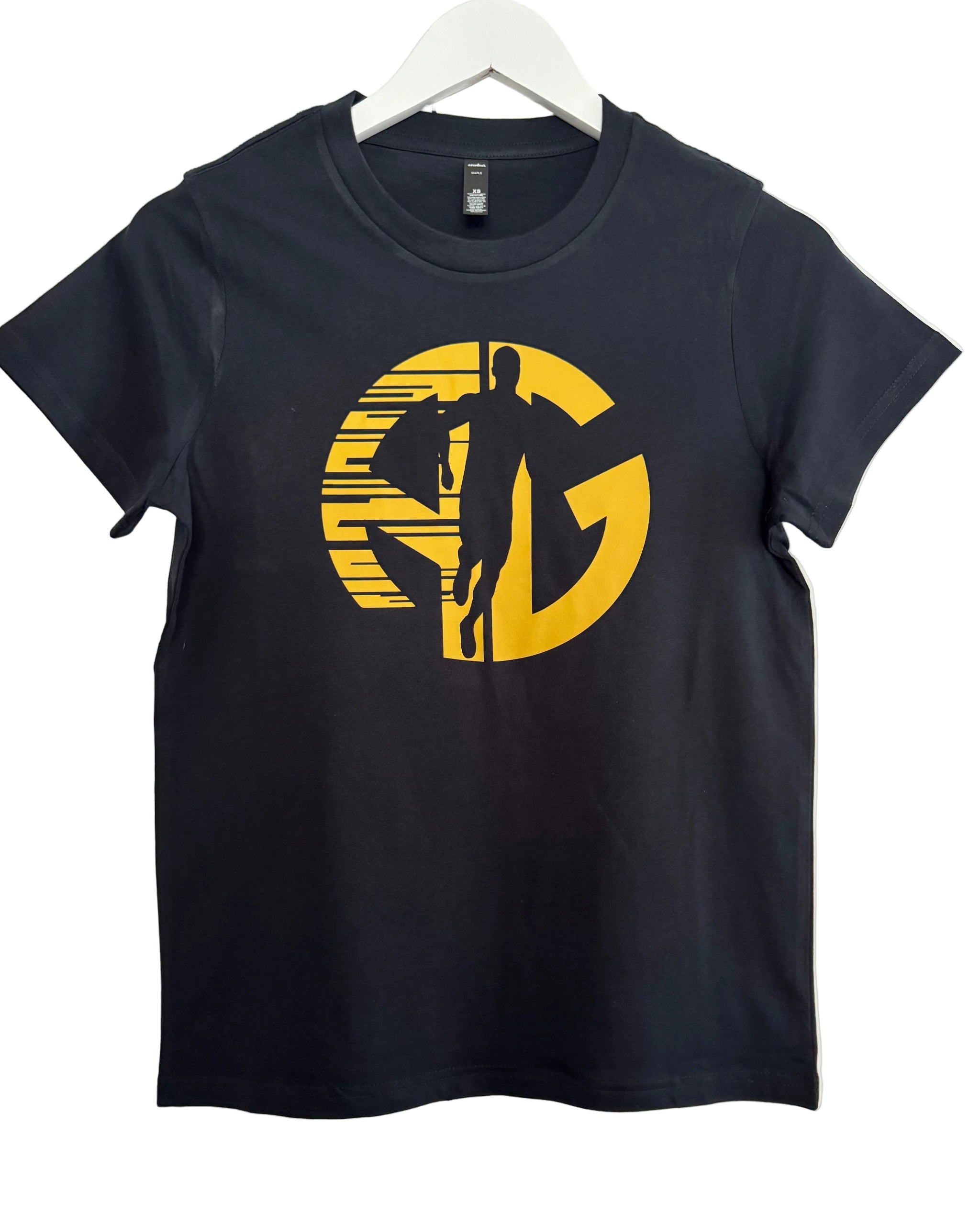 Navy t-shirt with a yellow graphic design on a white background