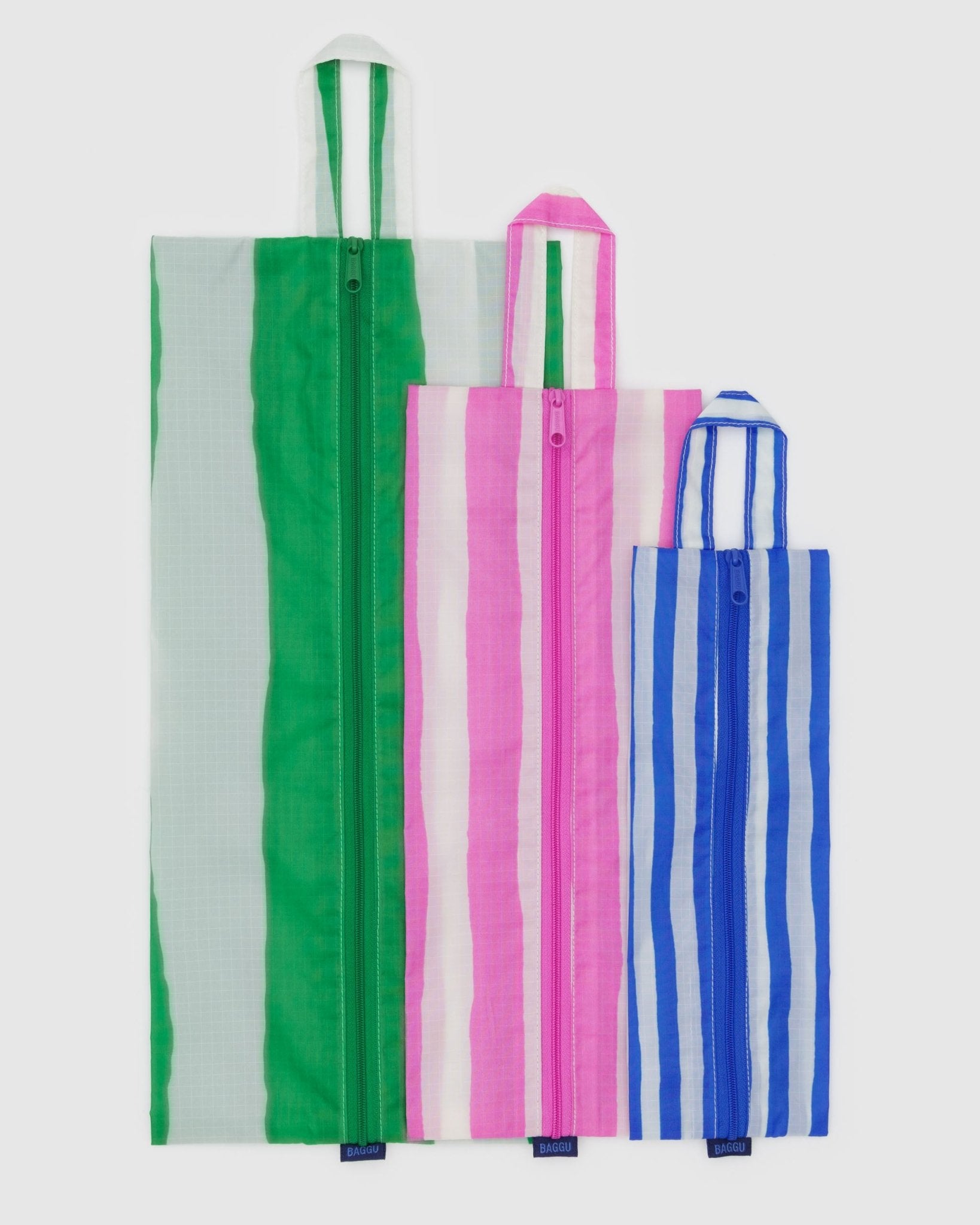 Flatlay of striped set of 3 zip top bags with hanging loop - ANNIE.G