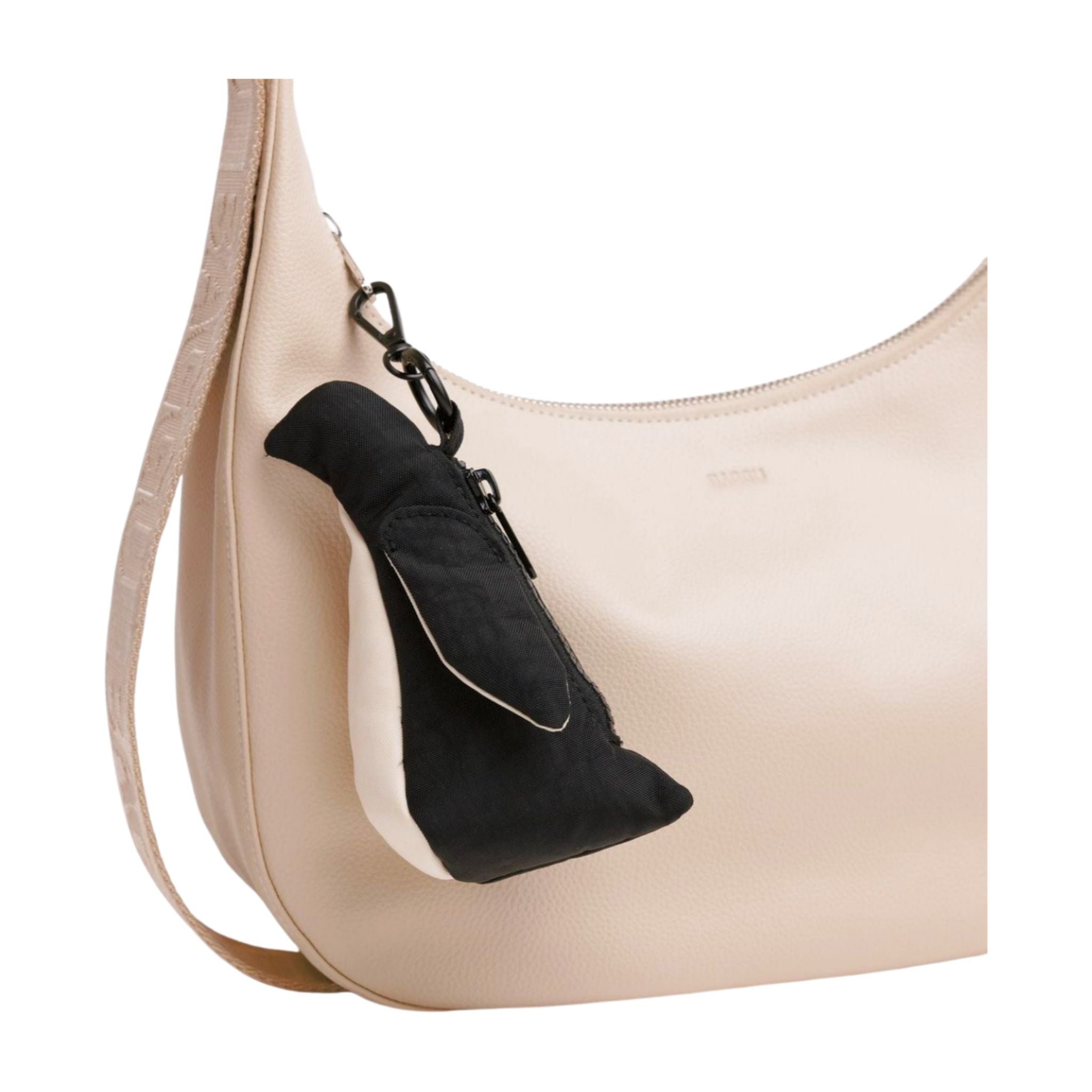 Stone leather handbag with a black and white penguin charm with zip pouch at back attached to zip top of bag.