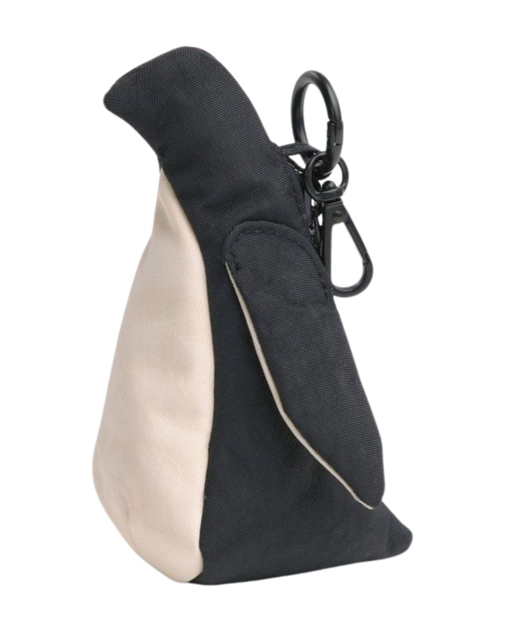 Black and white penguin shaped charm with black metal keyring with clip.