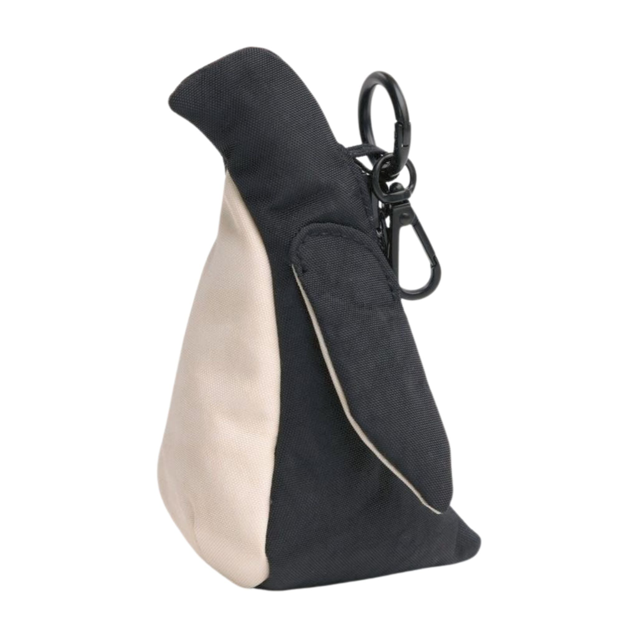 Black and white penguin shaped charm with black metal keyring with clip.