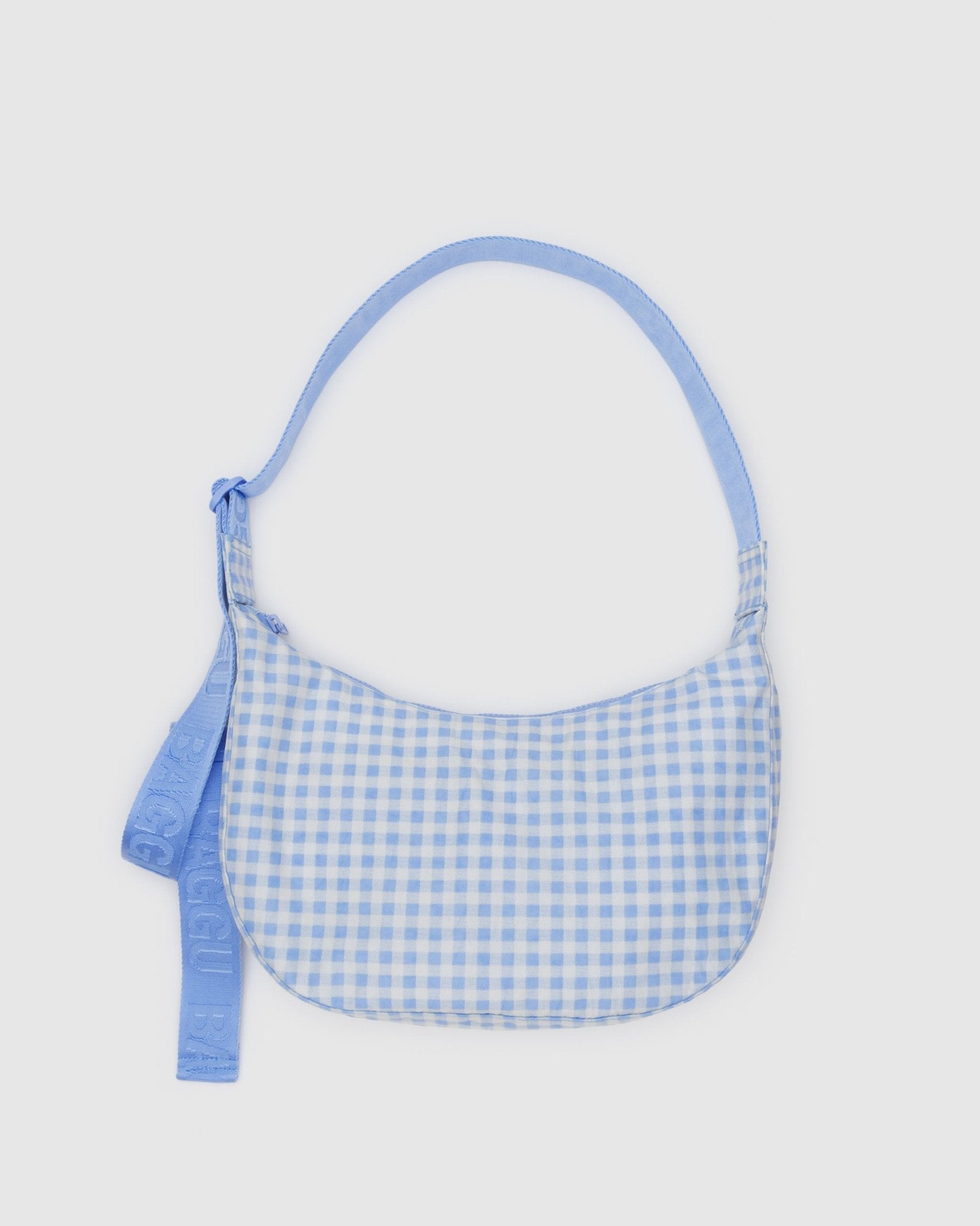 Light blue gingham Medium Nylon Crescent Bag with blue adjustable strap - ANNIE.G