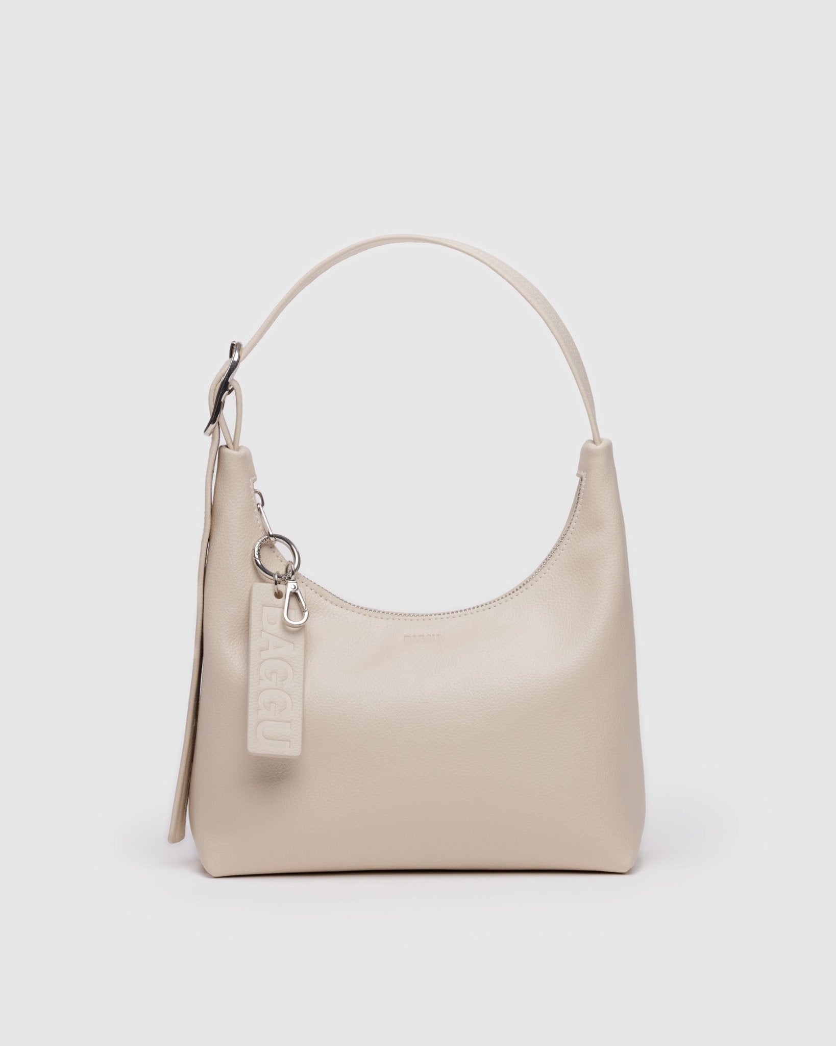 Baggu Mini Recycled Leather Shoulder Bag in Stone with adjustable shoulder strap and keychain