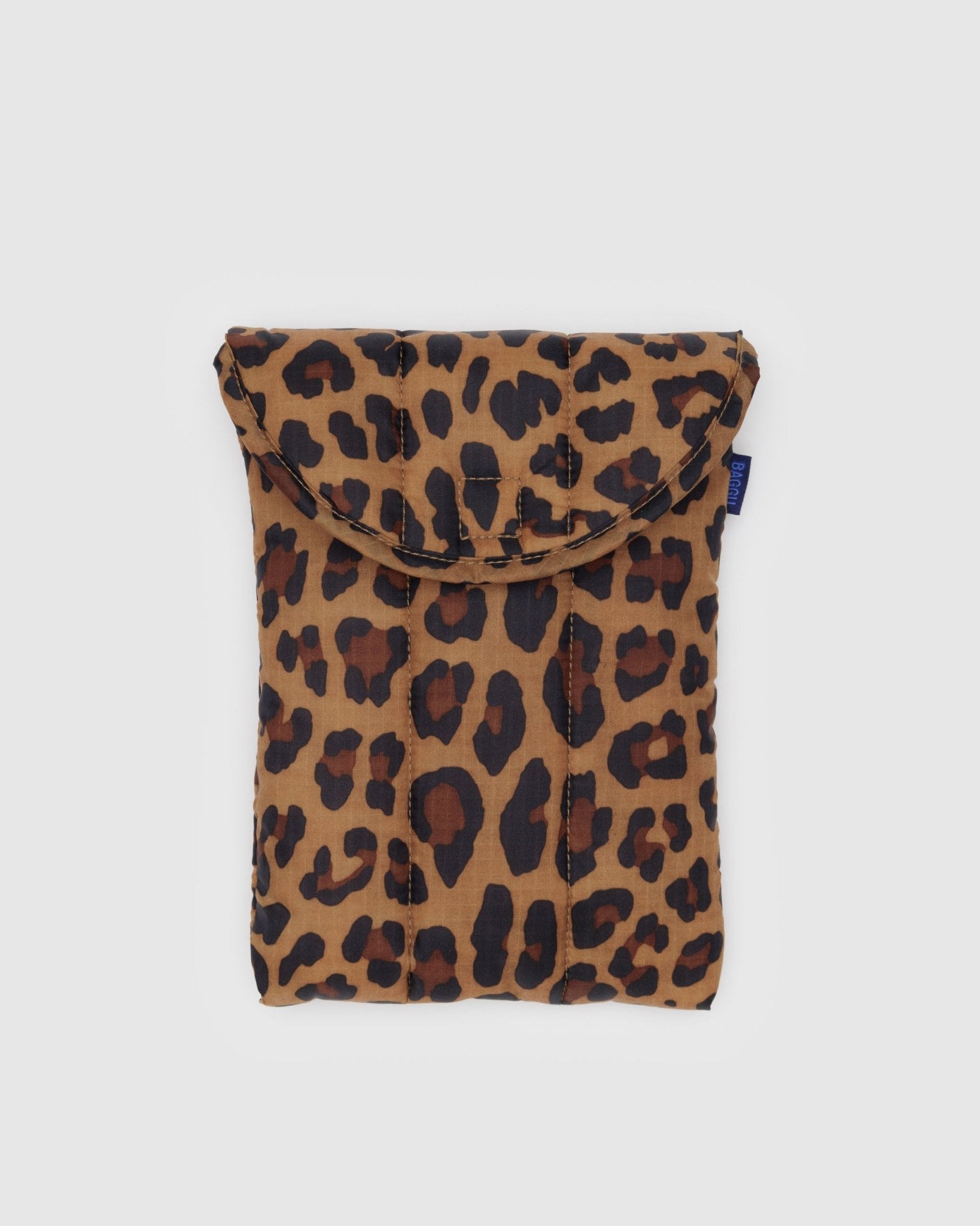 Leopard print on puffy quilted tablet sleeve with BAGGU tag at the side - ANNIE.G