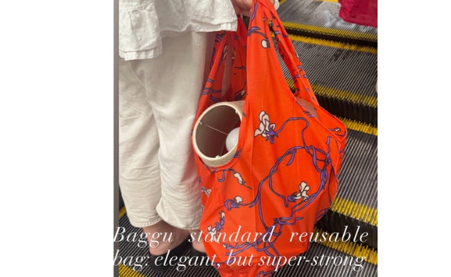 Person holding a red standard reusable bag with floral design on an escalator.