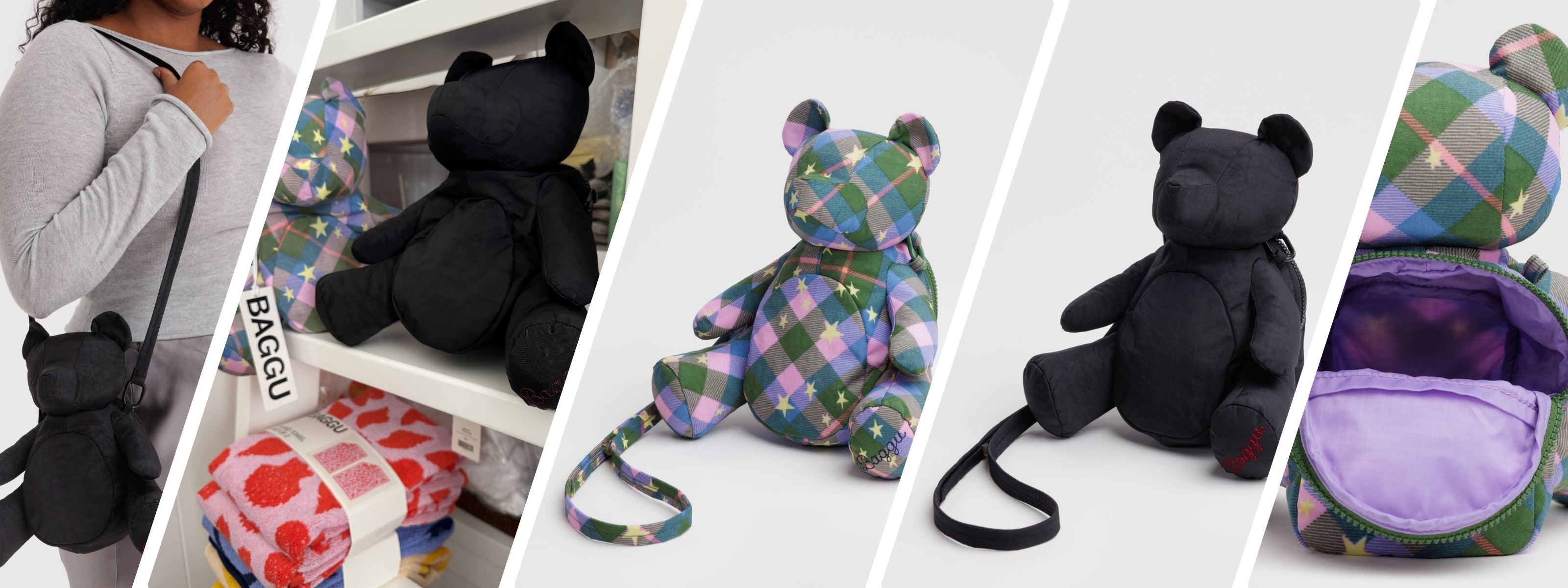 Collage of teddy bears bags with various patterns and colours.