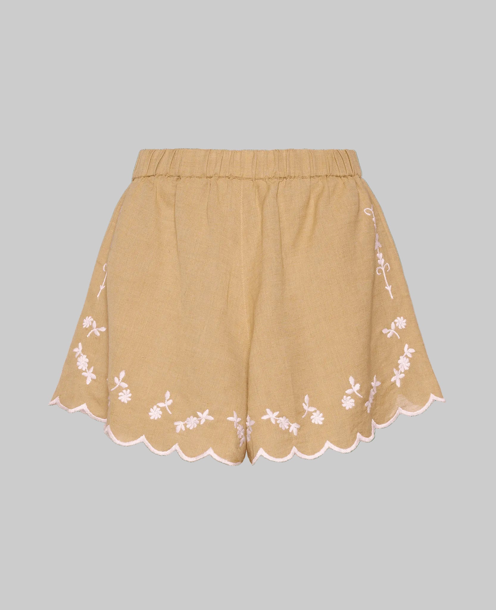 Front of elastic waist shorts in Light Hazel with pink embroidery and scalloped hem - ANNIE.G