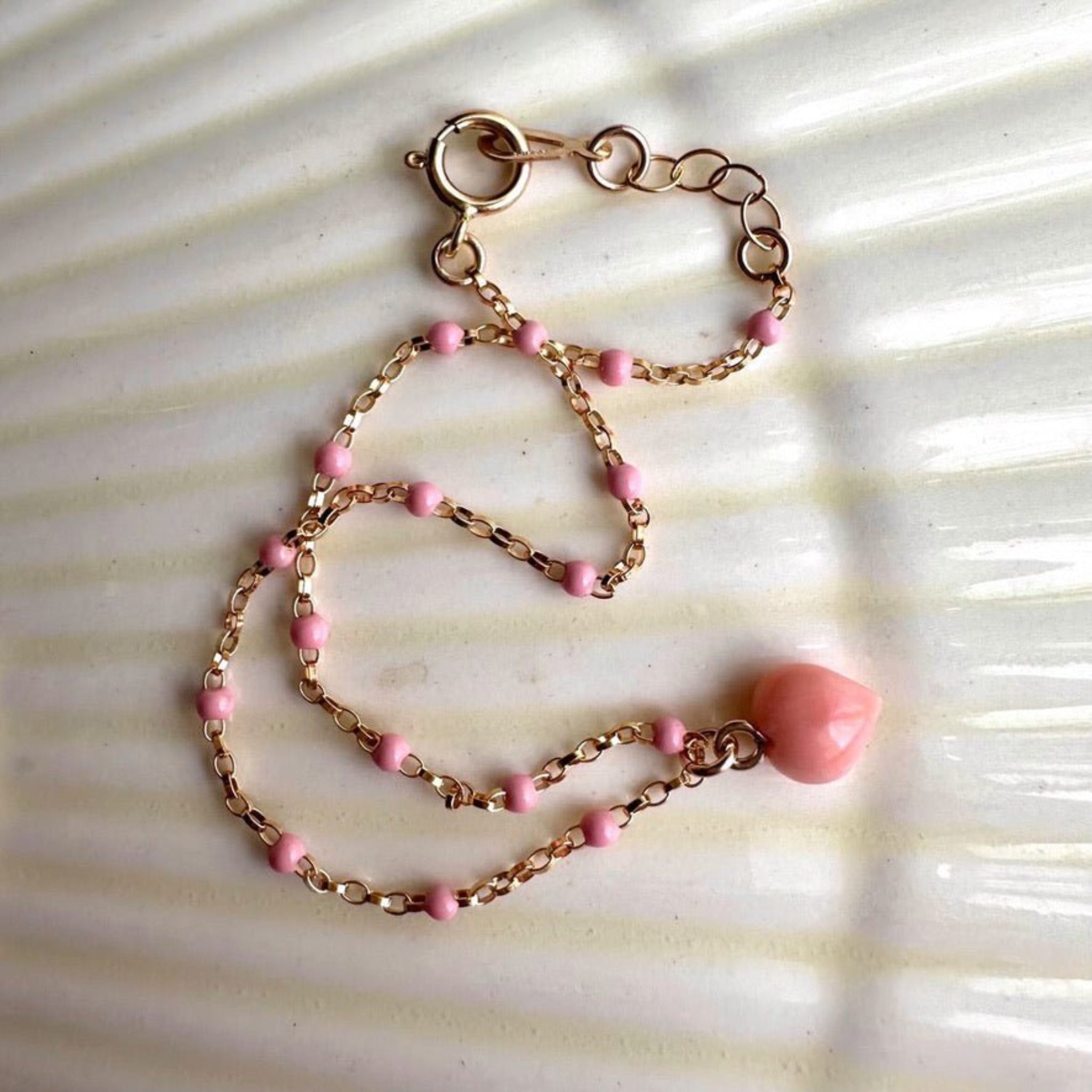 Coral shaped heart on a bracelet in Seashell Pink with pink ceramic beads on 14kt gold filled chain - ANNIE.G