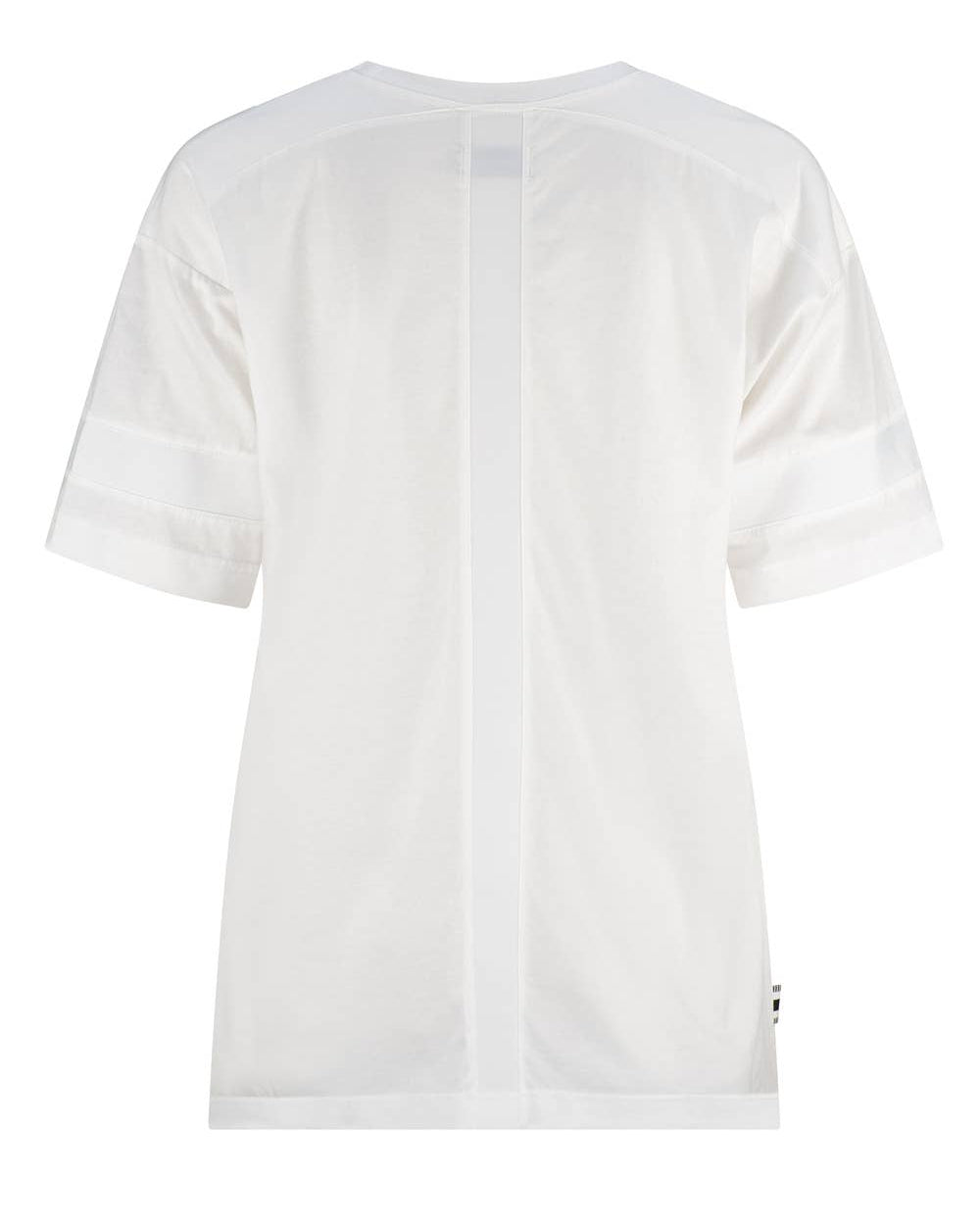 back of white tshirt with white grosgrain ribbon down the middle at back and around sleeves