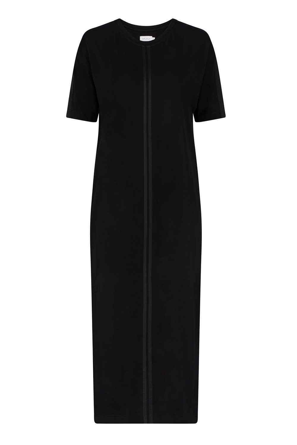Front of a black t-shirt dress with short sleeves and two stripes of tonal grosgrain ribbon down the front from crew neckline - ANNIE.G