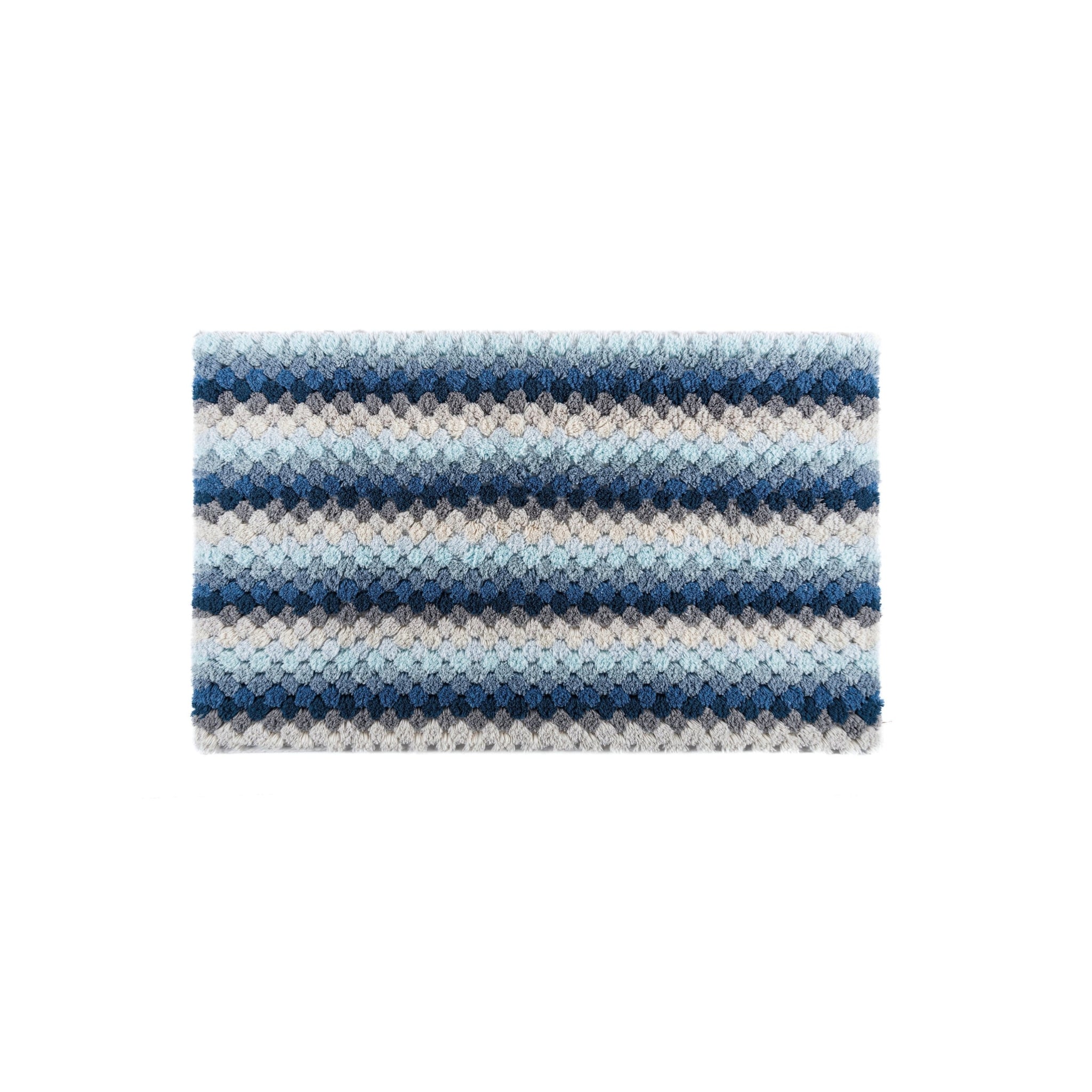 Blue striped rug with blue, gray, and white pattern.