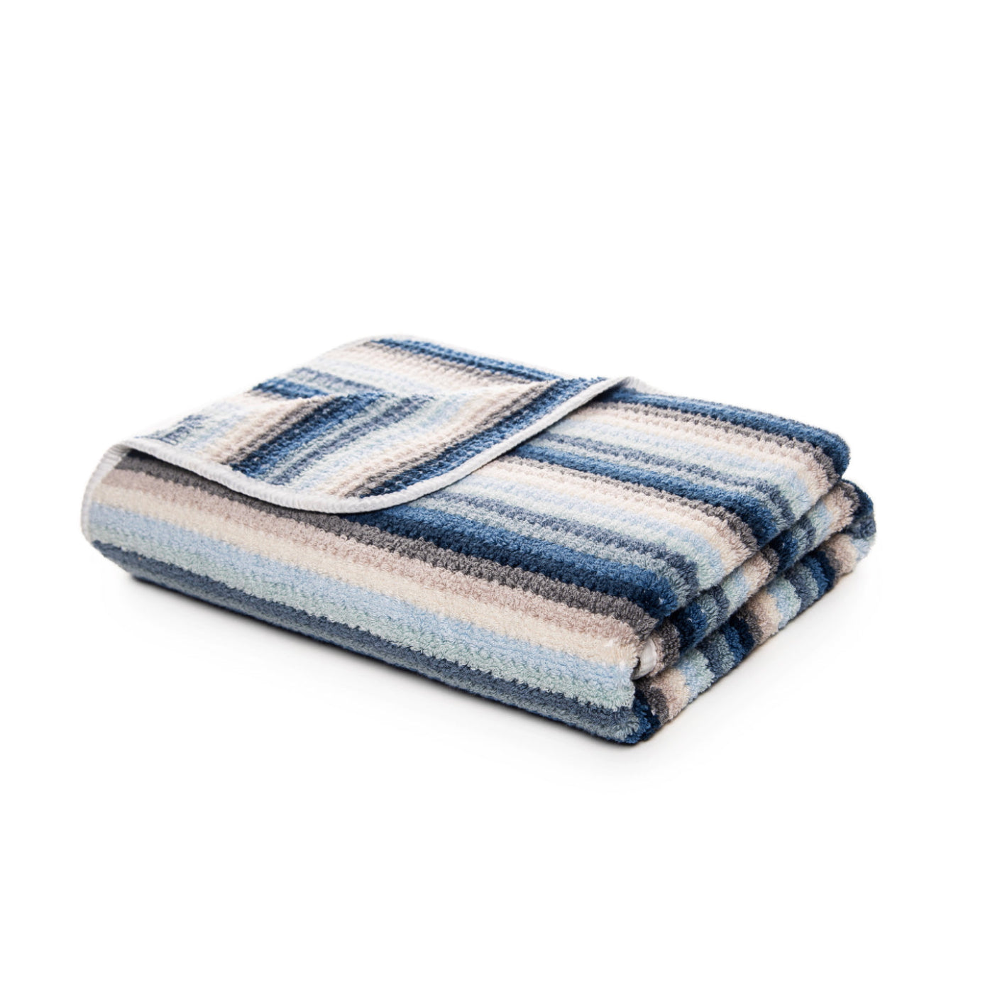 Striped bath hand towel with blue, grey and beige pattern and white bias binding edge.