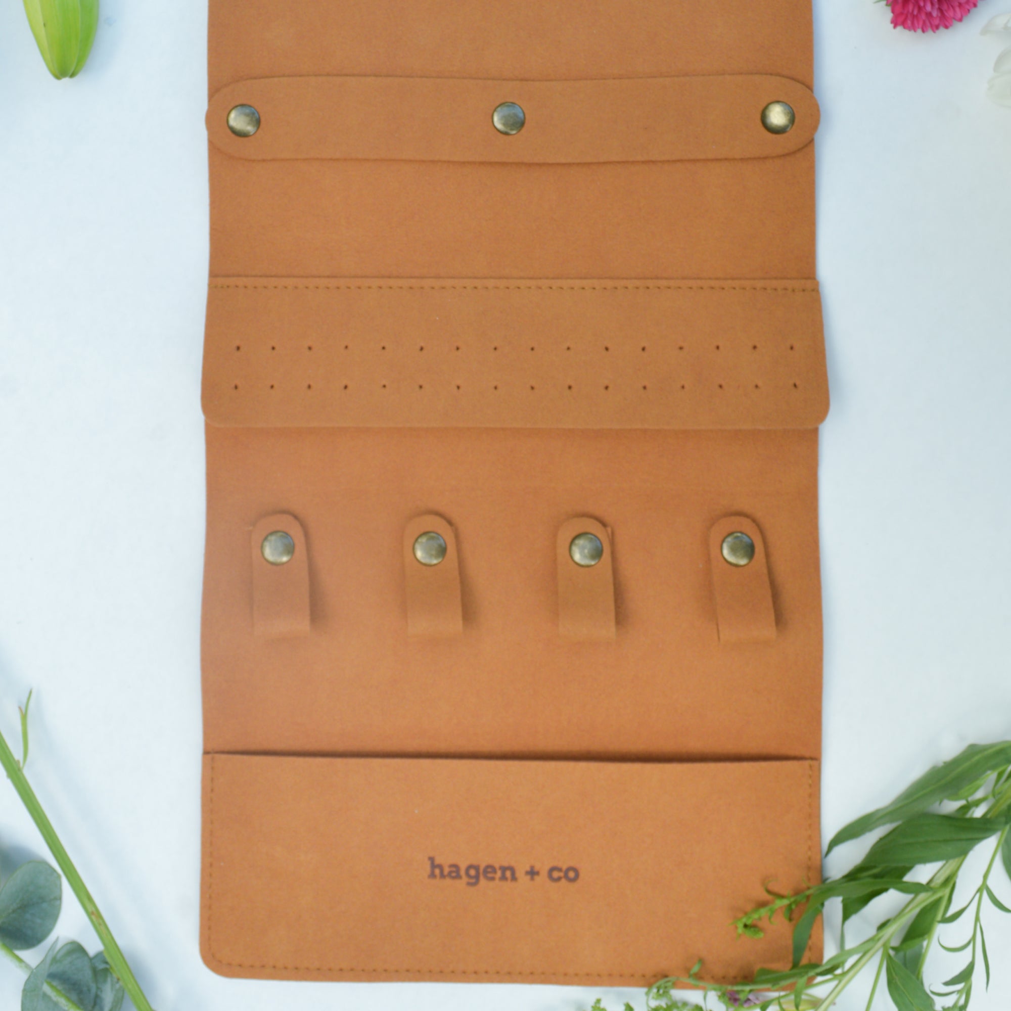 Inside storage areas of the tan Jewellery Travel Wrap - Gift with purchase! - ANNIE.G