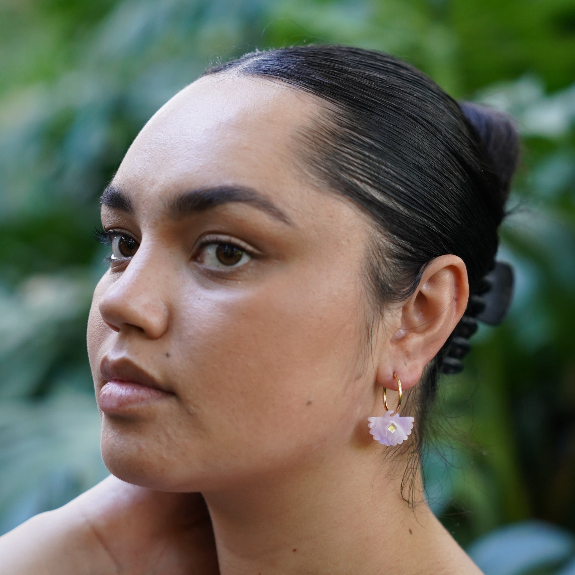 Woman wearing Lavender Fantail Earrings - ANNIE.G