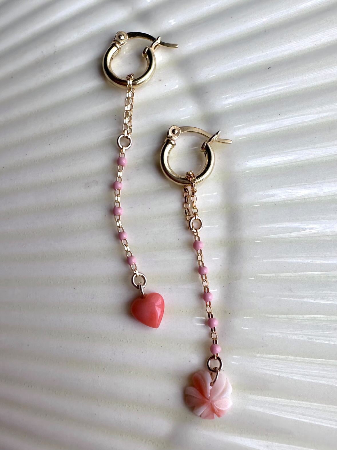 Angel skin coral shaped into a Hibiscus flower and a love heart Mini Hoop Earrings - ANNIE.G