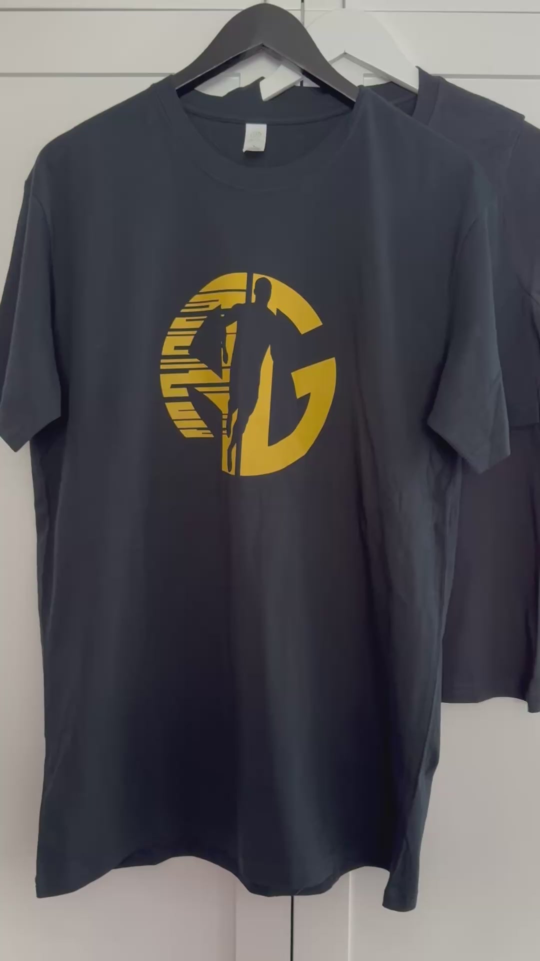 Men's and women's navy with yellow AG running tshirts video.