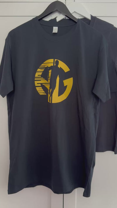 Men's and women's navy with yellow AG running tshirts video.