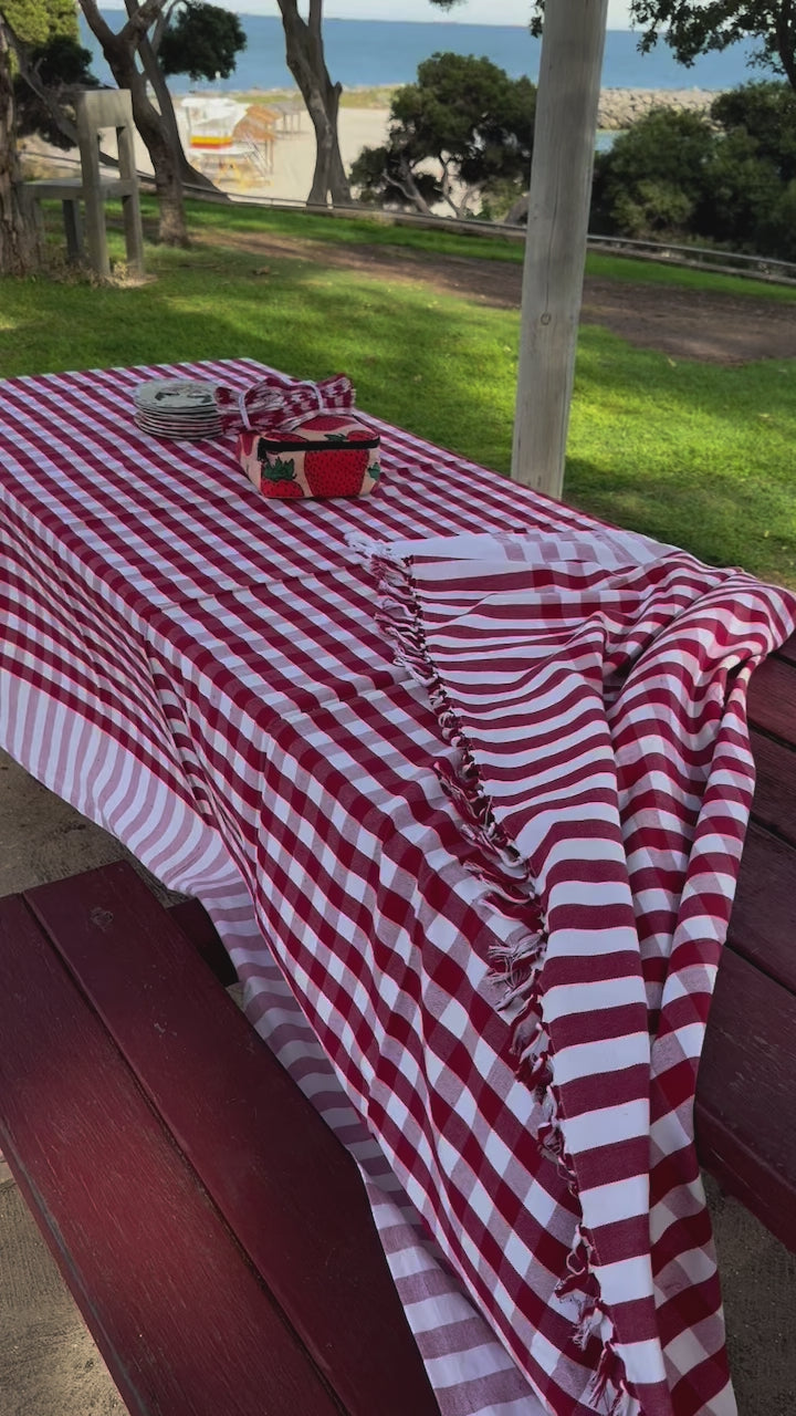 movie-of-red-coastline-check-hand-knotted-tablecloth-on-picnic-table-with-plates-lunch-box-and-napkins-on-top