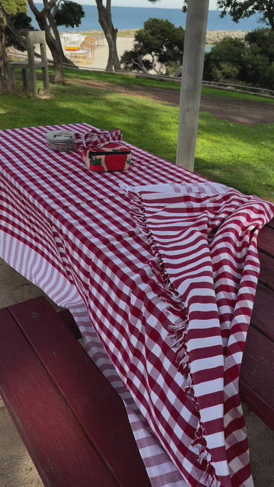 movie-of-red-coastline-check-hand-knotted-tablecloth-on-picnic-table-with-plates-lunch-box-and-napkins-on-top