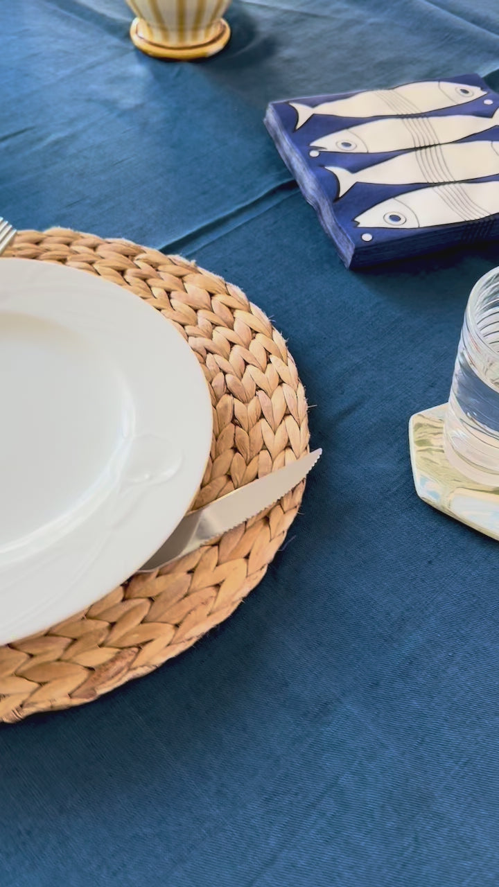 video of ocean blue-tablecloth and setting on table for Father's Day