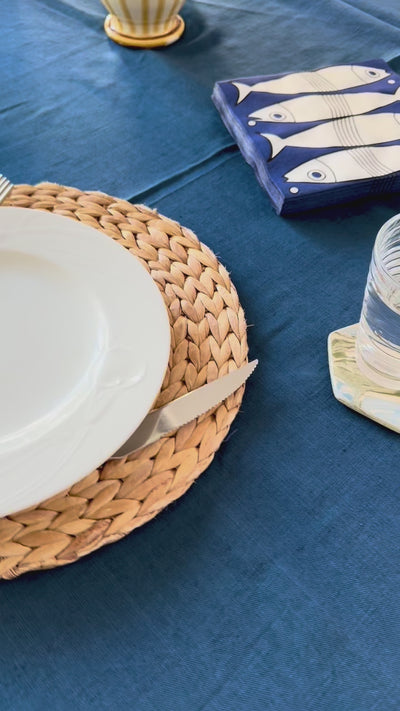video of ocean blue-tablecloth and setting on table for Father's Day