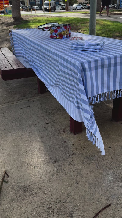 handknotted-edge-gingham-tablecloth-periwinkle-with-napkins-and-lunch-bag-at-beach-picnic