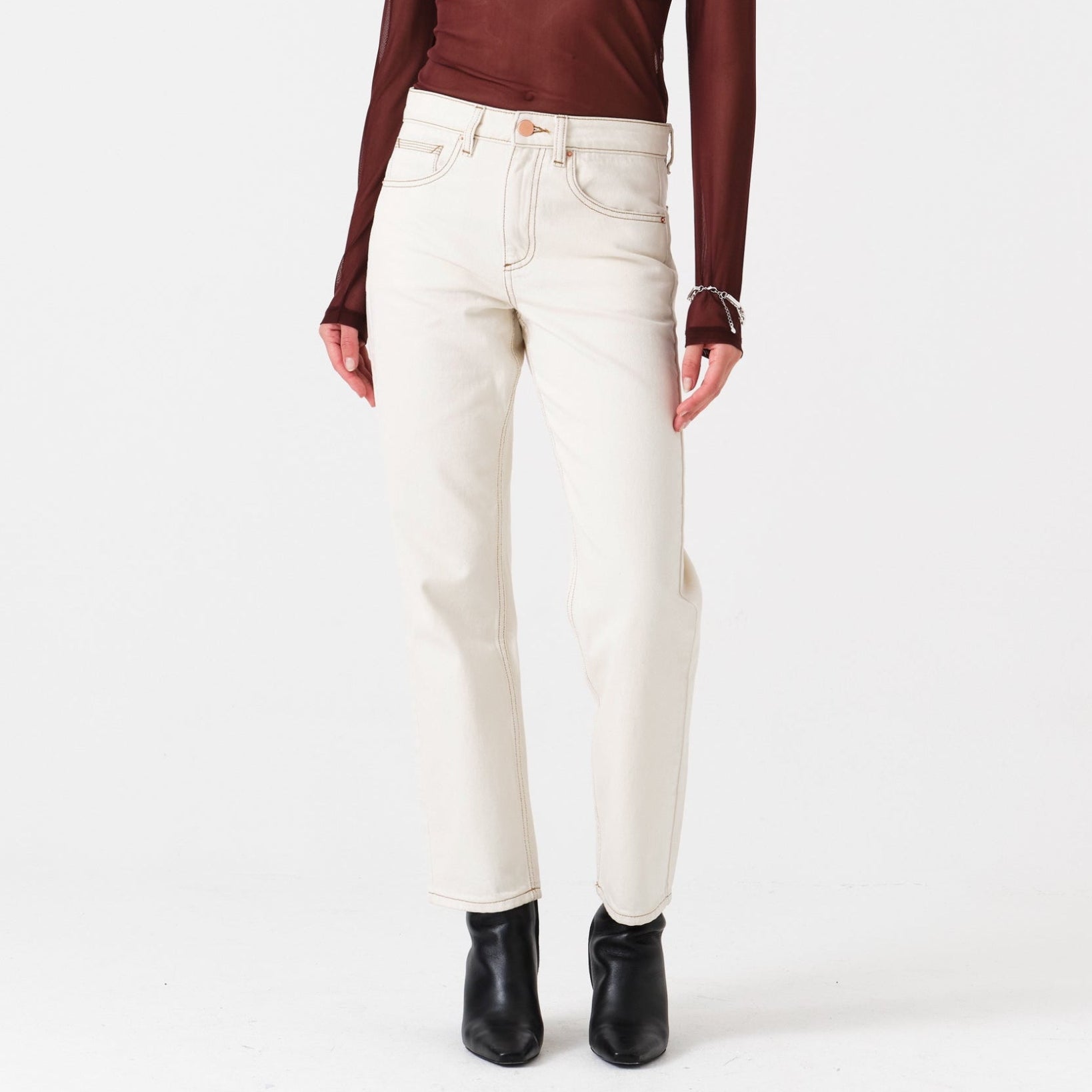 cream jeans with contrast stitching 