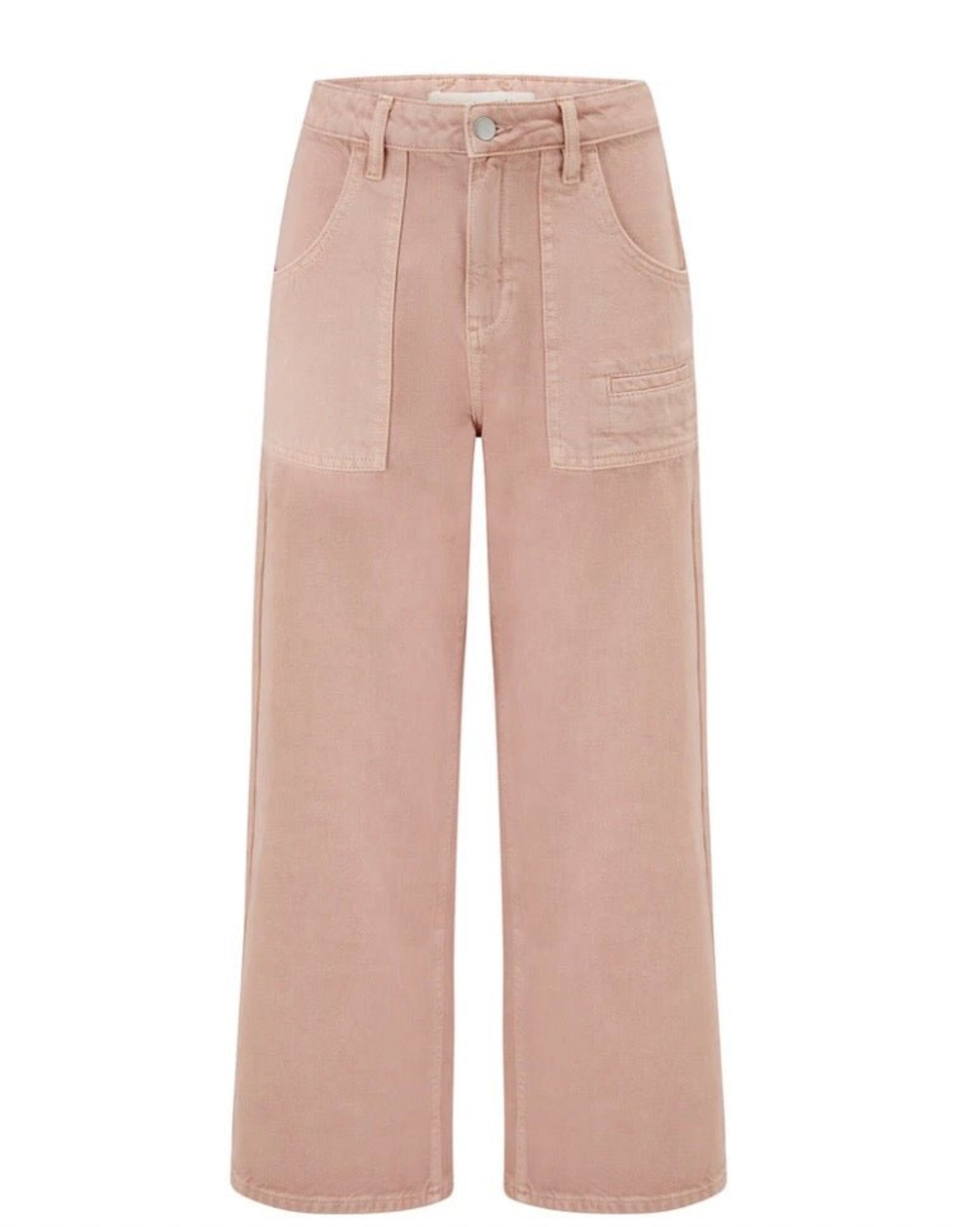 Pink wide-leg pants with pockets.