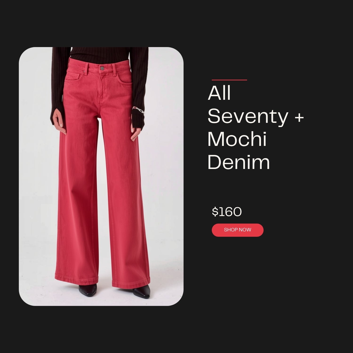 Rose denim pants worn by a person on a white background with promotional text and price.