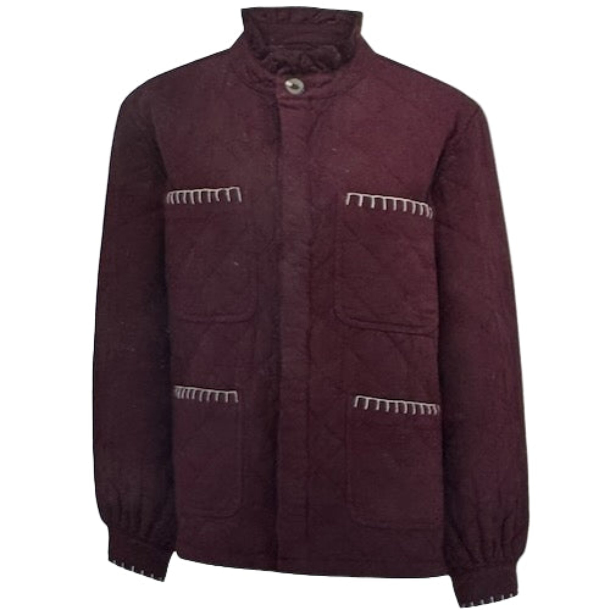 Mulberry quilted jacket with frill collar and white blanket stitching detail with buttons done up.