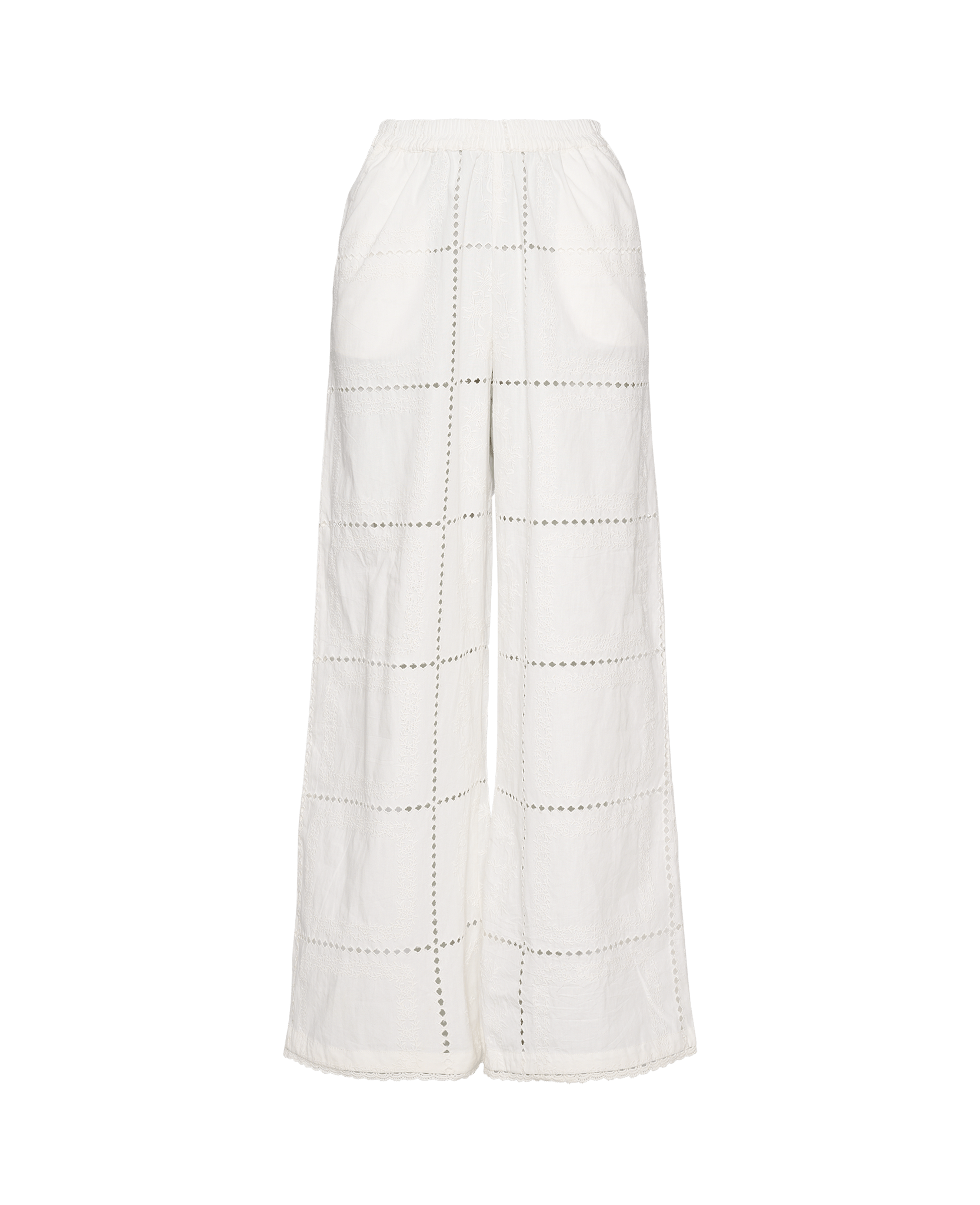 Front of white women's pants in broderie anglaise fabric with side pockets.