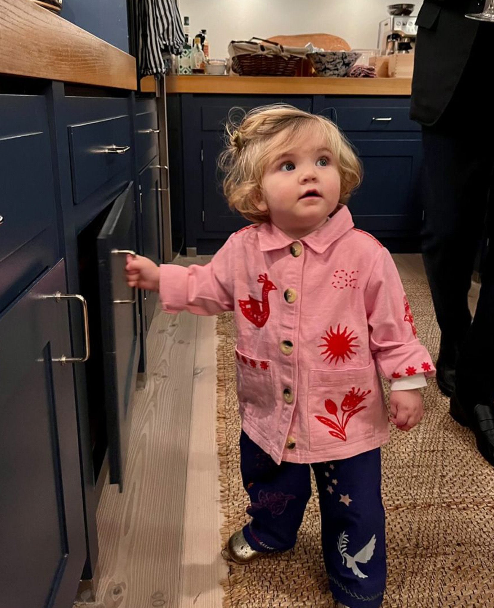 Toddler wearing a pink jacket and navy pants standing in kitchen - ANNIE.G