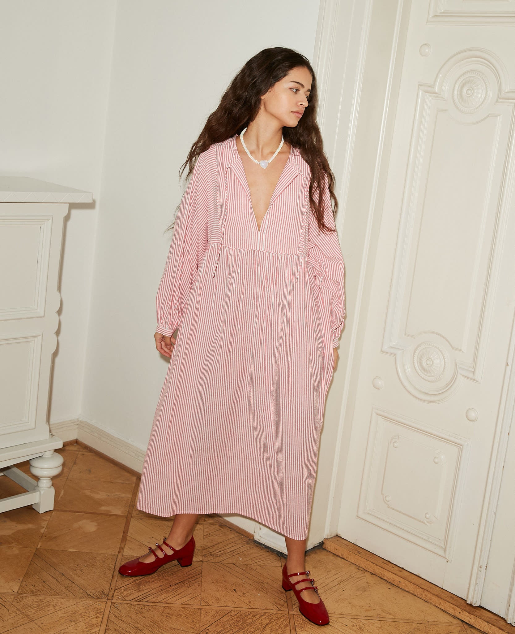 Women wearing red and white stripe  maxi dress with red shoes - ANNIE.G