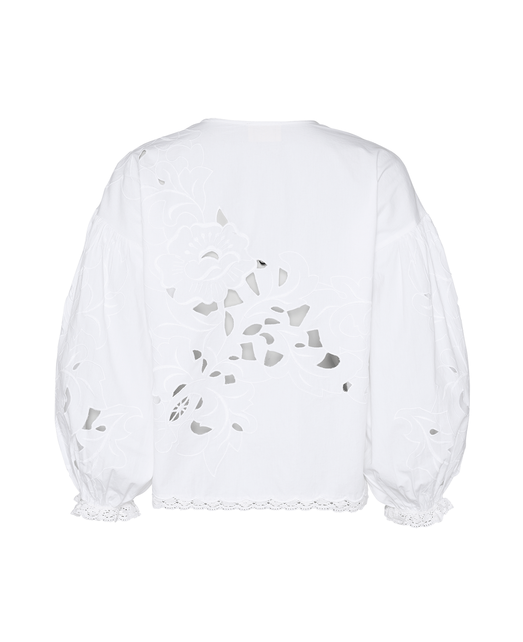 Back of a white top with long sleeves and front ties with cutwork embroidery.