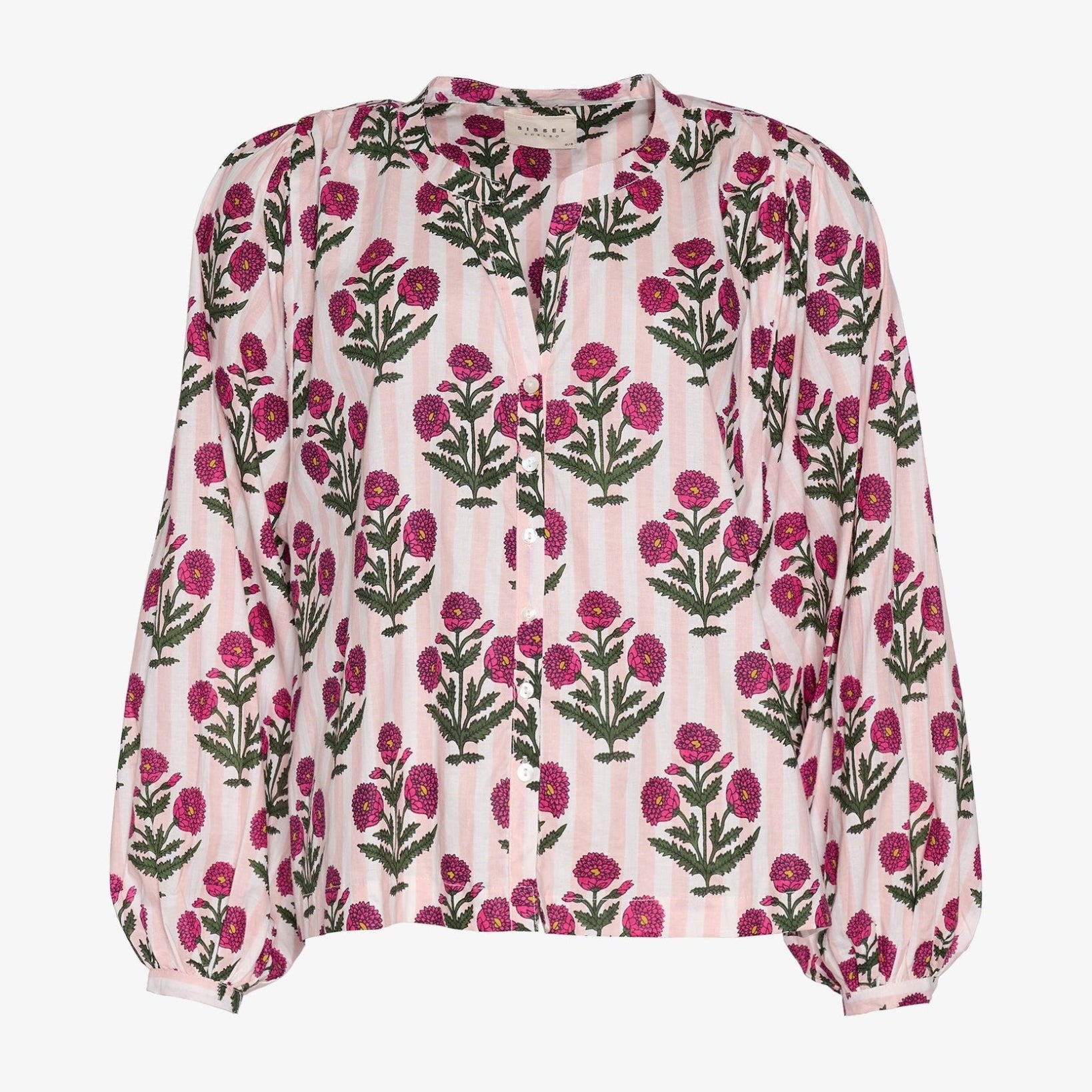 Front of Lara Organic Cotton Top in Cherry Bloom with v slit neckline and long sleeves - ANNIE.G