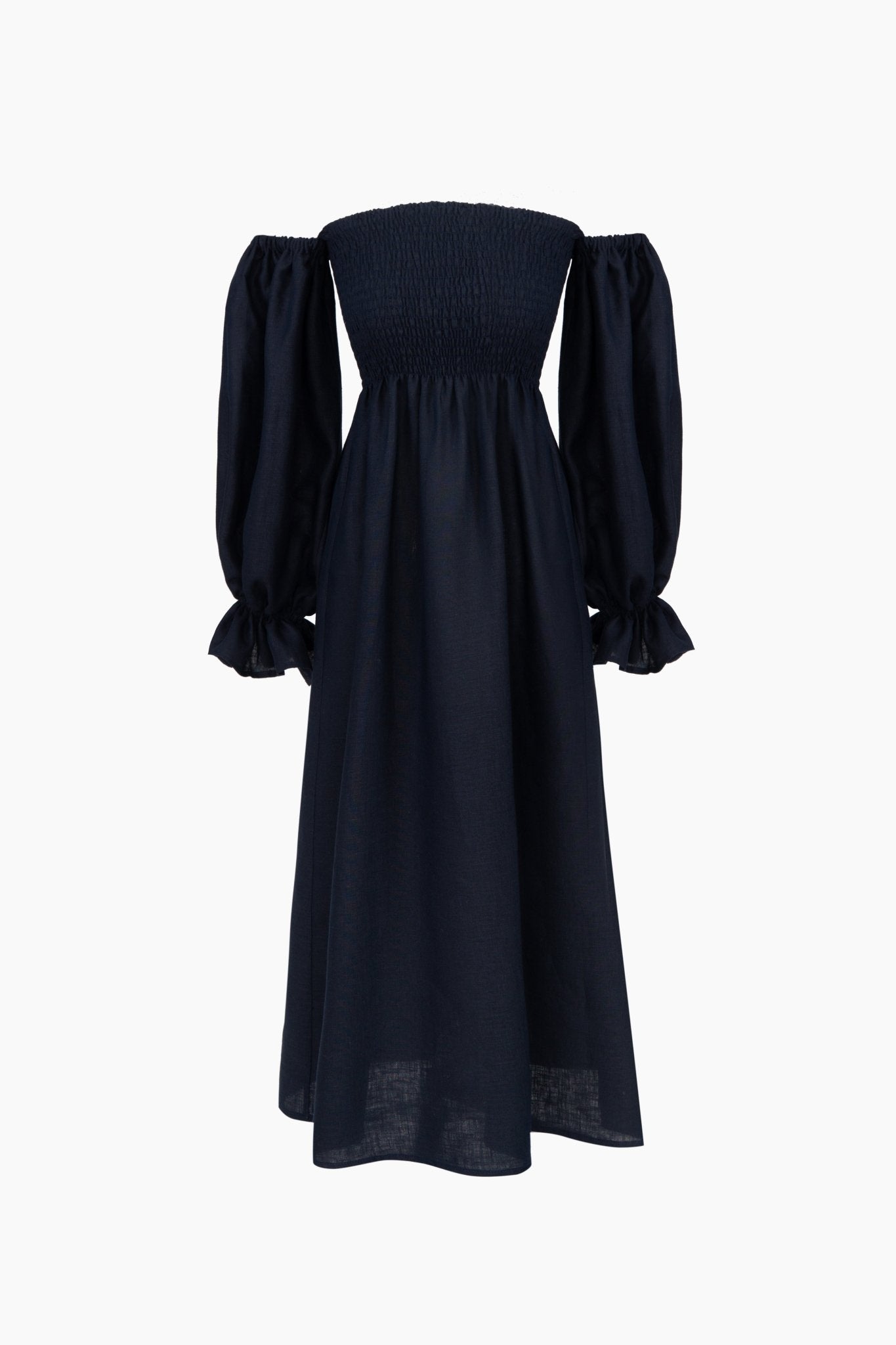 Navy linen dress with long sleeves.