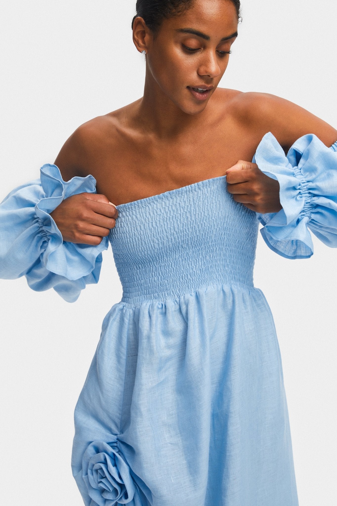 Atlanta Linen Dress with Rose Detail in Blue