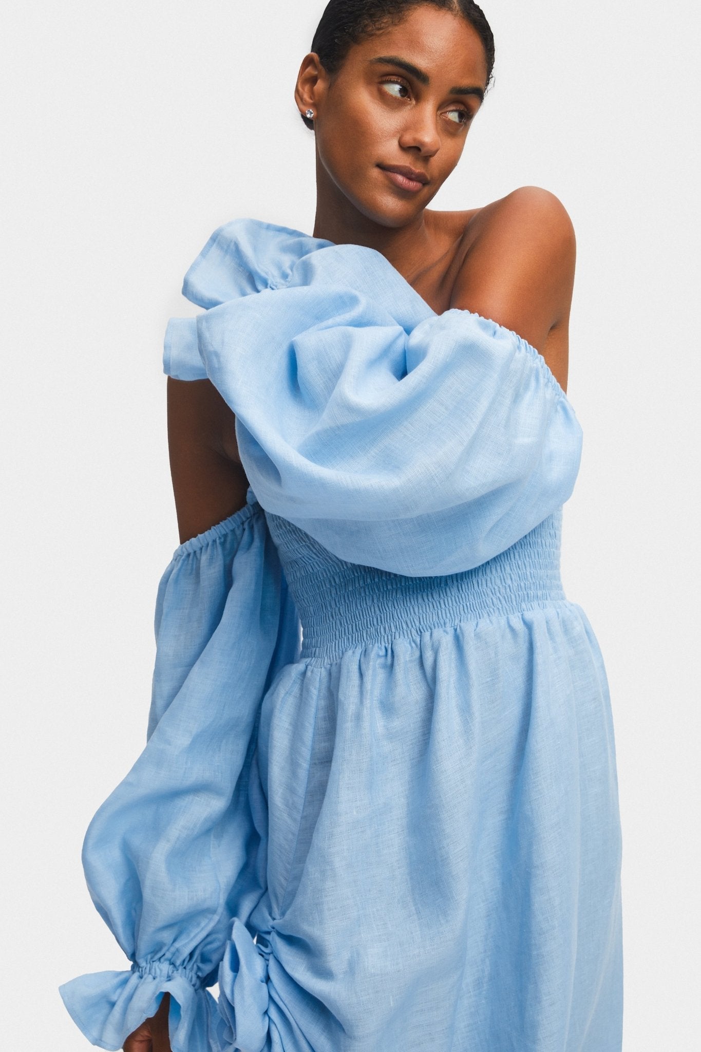 Atlanta Linen Dress with Rose Detail in Blue | Shop Annie G Atlanta Linen Dress with Rose Detail in Blue | Shop Annie G