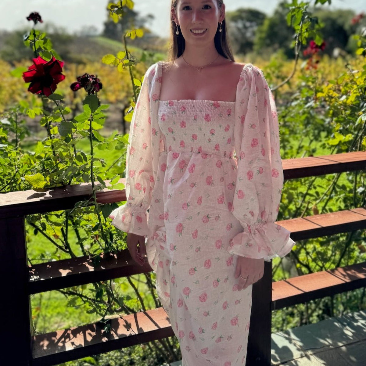 Sleeper Atlanta Linen Dress with Rose Detail in Roses