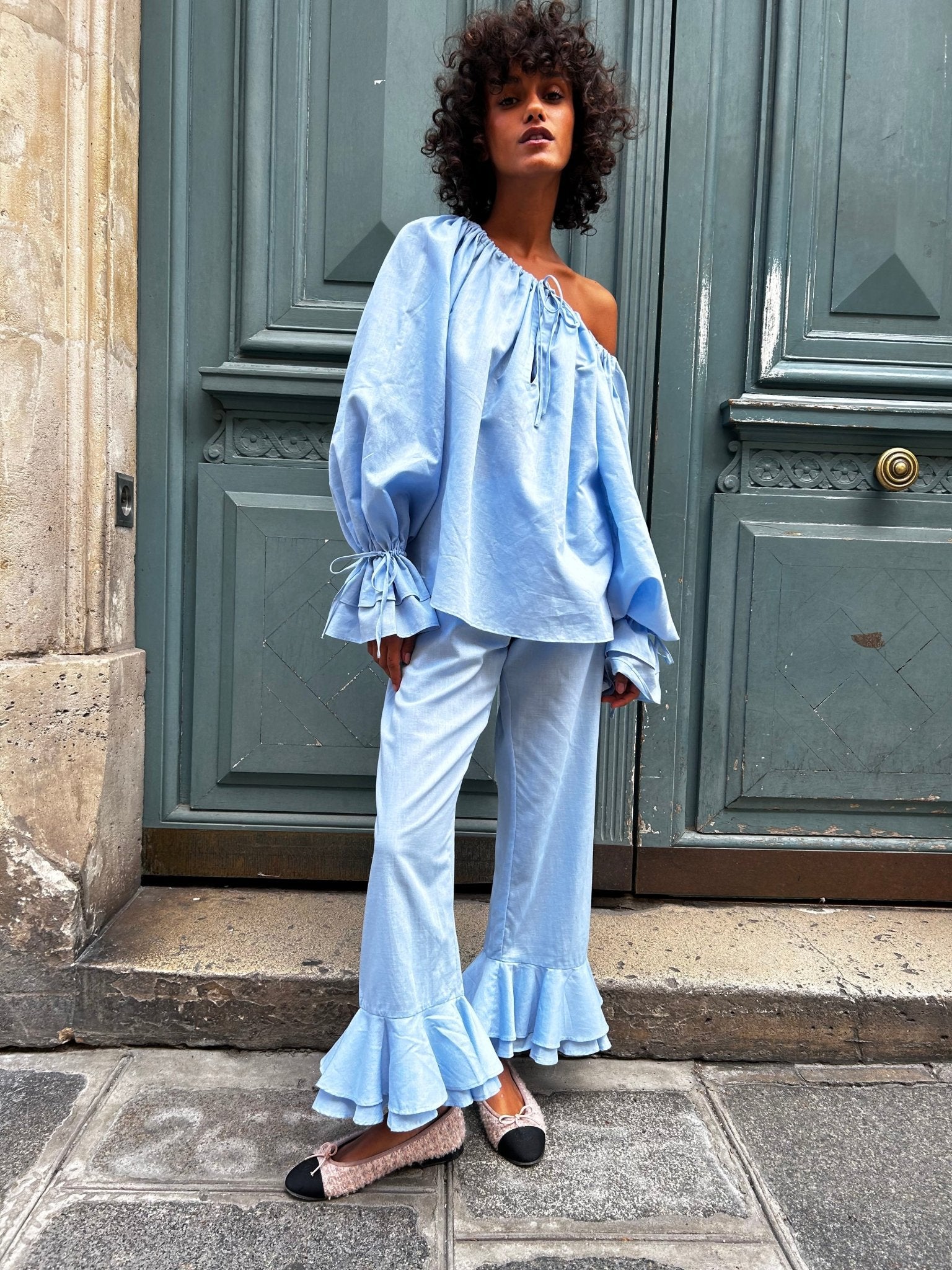 Woman wearing blue linen lounge shirt and pants set - ANNIE.G